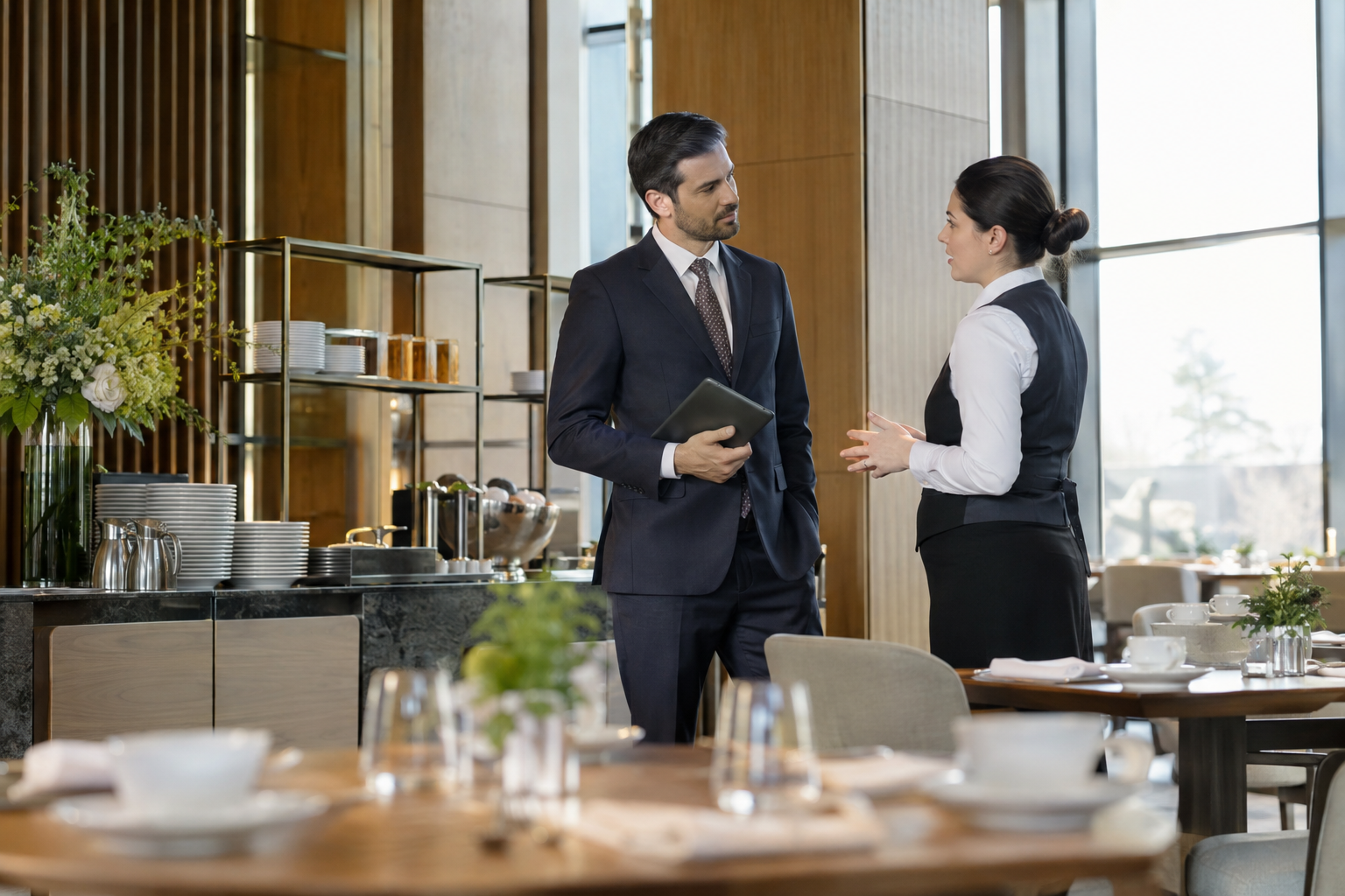 In a contemporary hotel’s quietly elegant breakfast room before opening, a hospitality manager in a tailored suit listens to a uniformed employee beside a parti