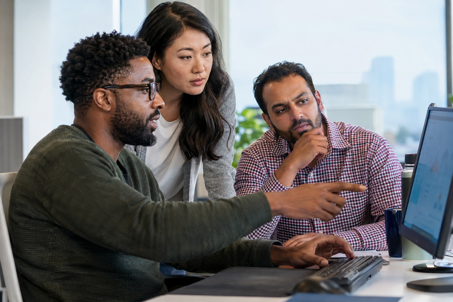Three operations analysts review workflow performance at a desktop and discuss speed and quality targets.