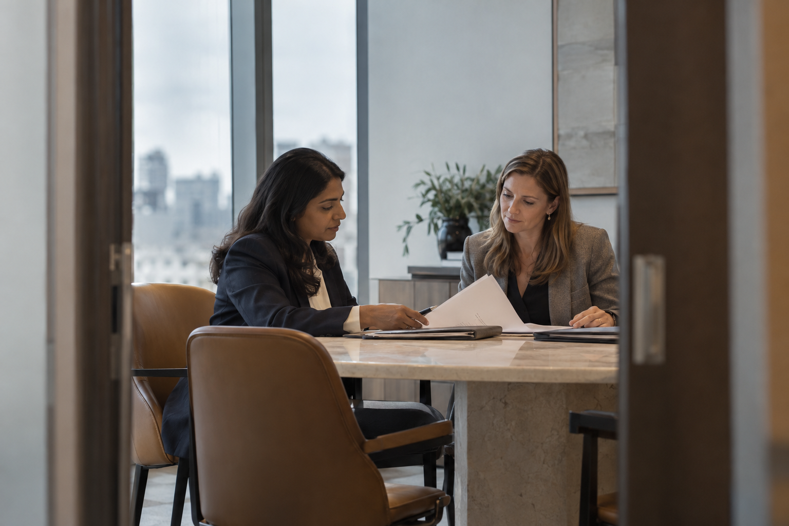 In a financial services firm’s understated project room, a South Asian operations lead and a white female risk manager compare a few unmarked process records, s