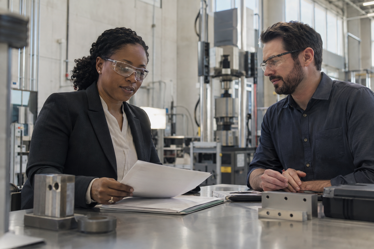 Inside a contemporary engineering firm’s materials-testing facility, a Black female compliance lead checks an employee’s renewed qualification paperwork before 