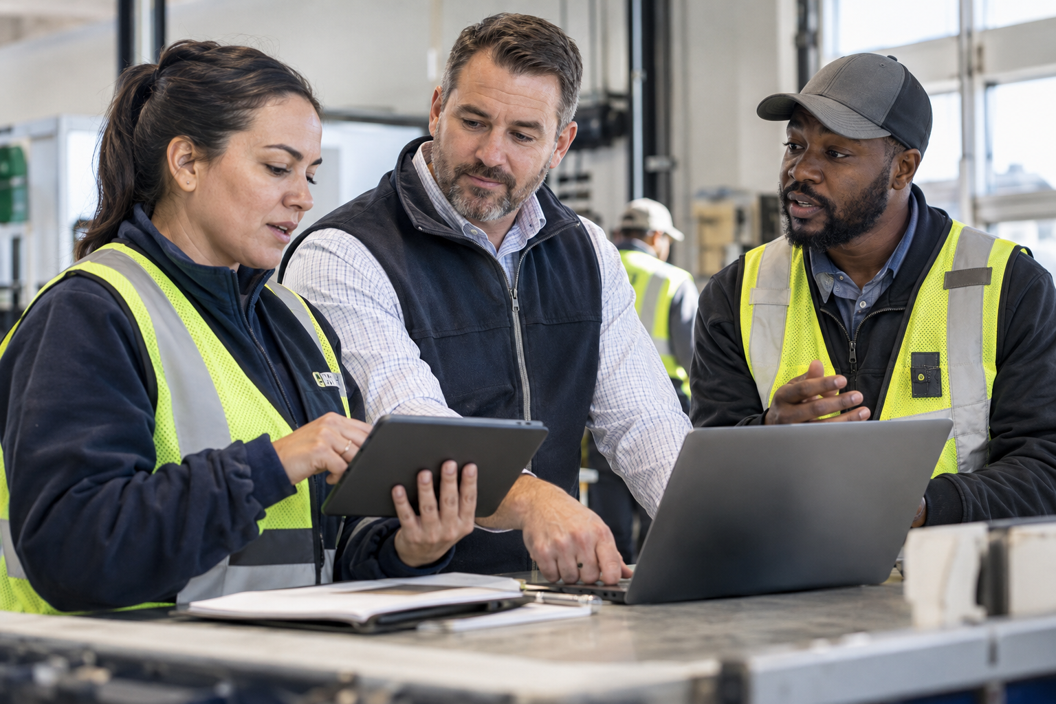 An operations manager and two site supervisors test mobile requests and routing while comparing workflow software.