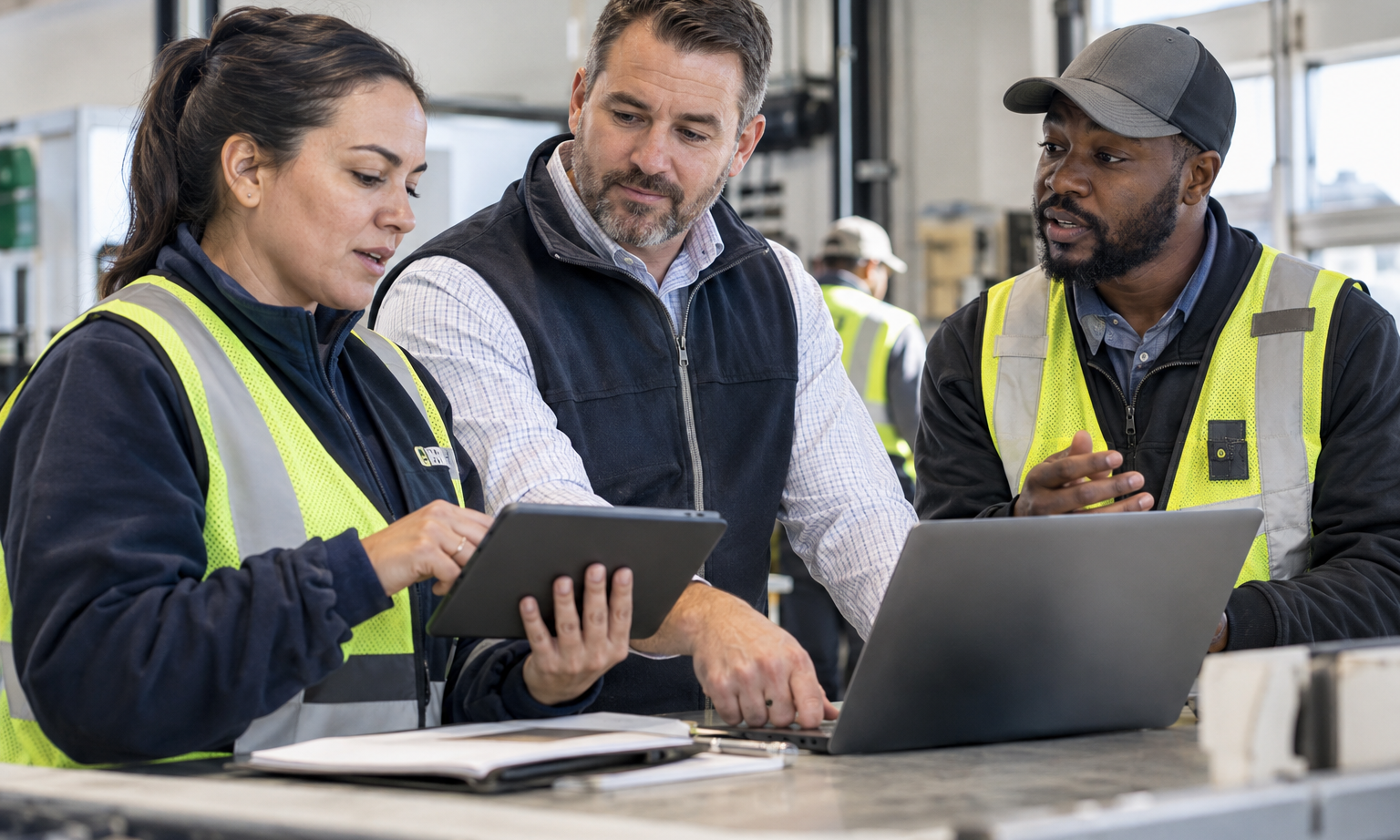 An operations manager and two site supervisors test mobile requests and routing while comparing workflow software.