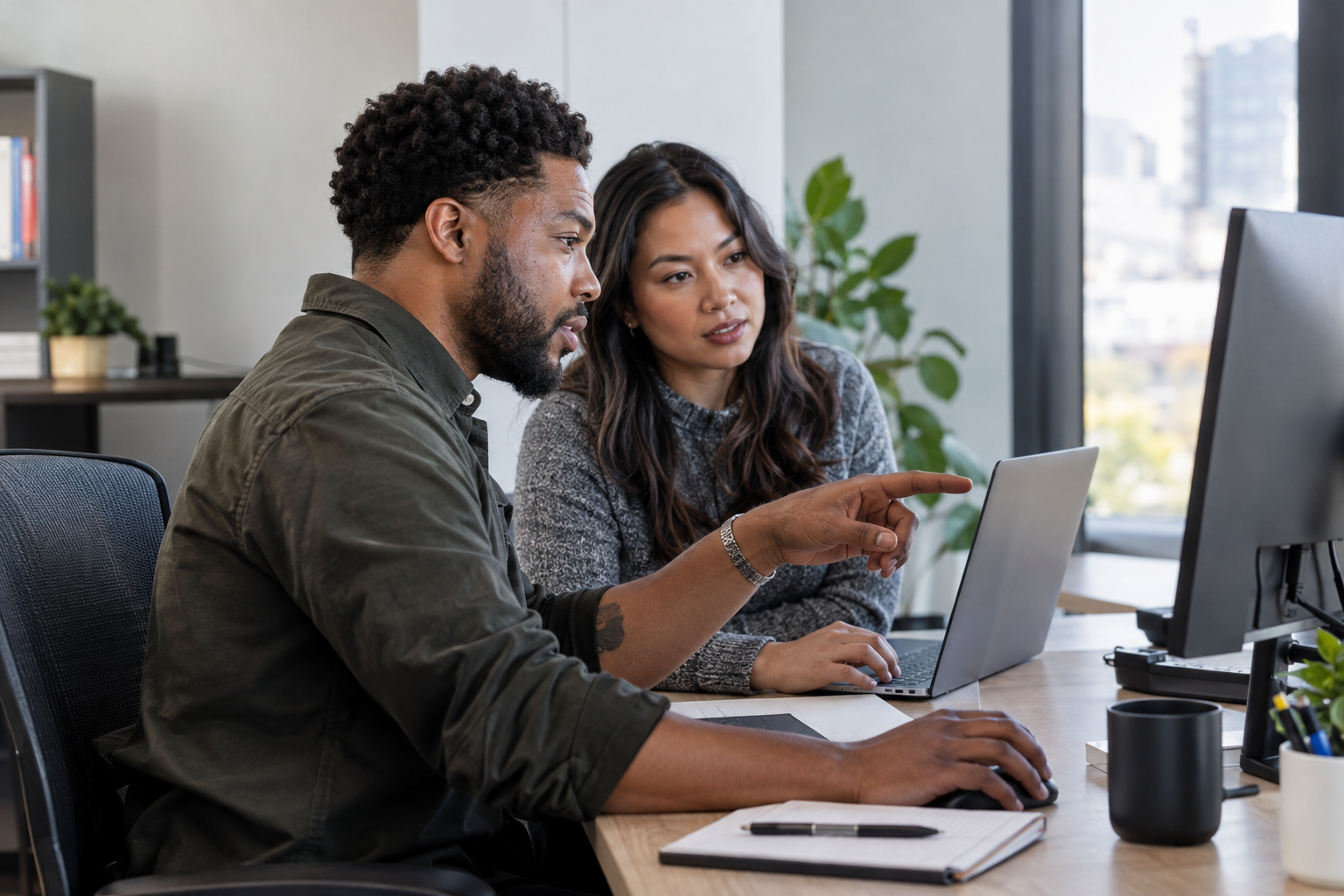 An operations colleague and automation specialist test an AI agent revision together using a desktop and laptop.