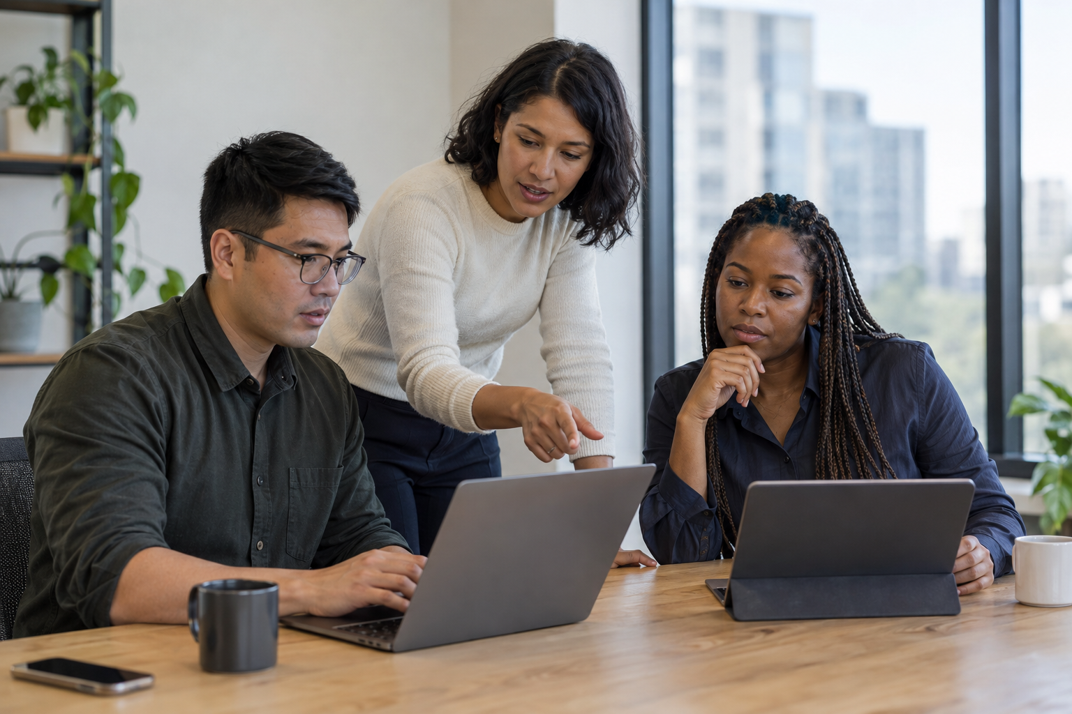 An operations lead and two colleagues review a workflow version handover using laptops at a shared table.