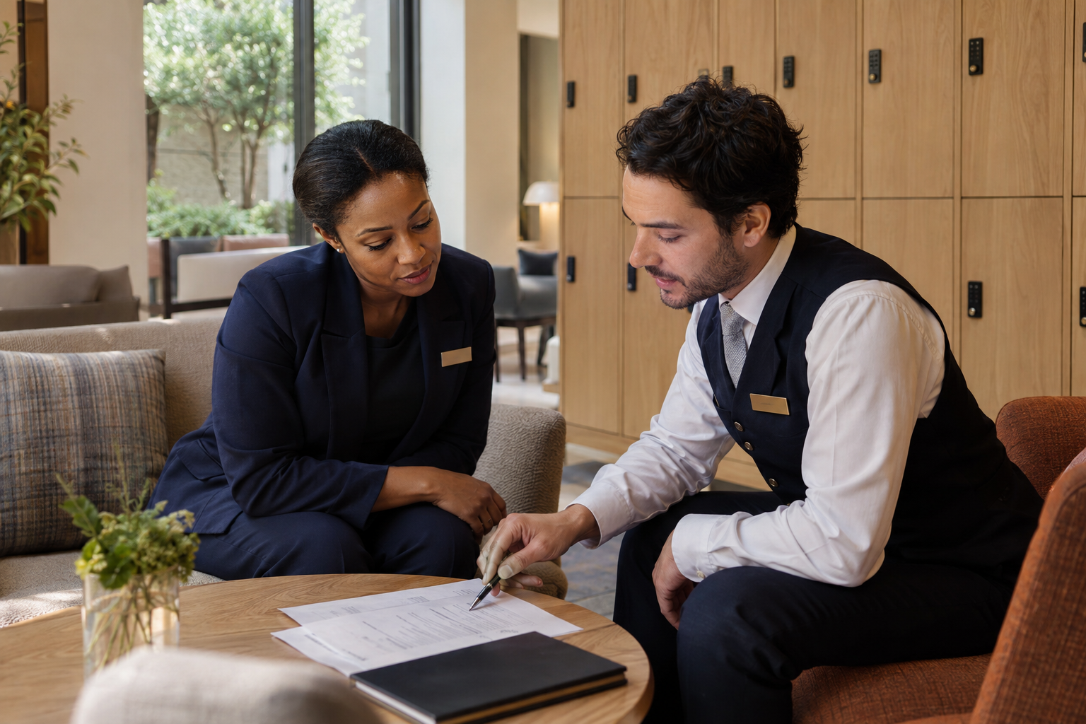 In a contemporary boutique hotel’s quiet staff lounge, a Black female operations manager in a tailored navy jacket listens as a uniformed concierge indicates a