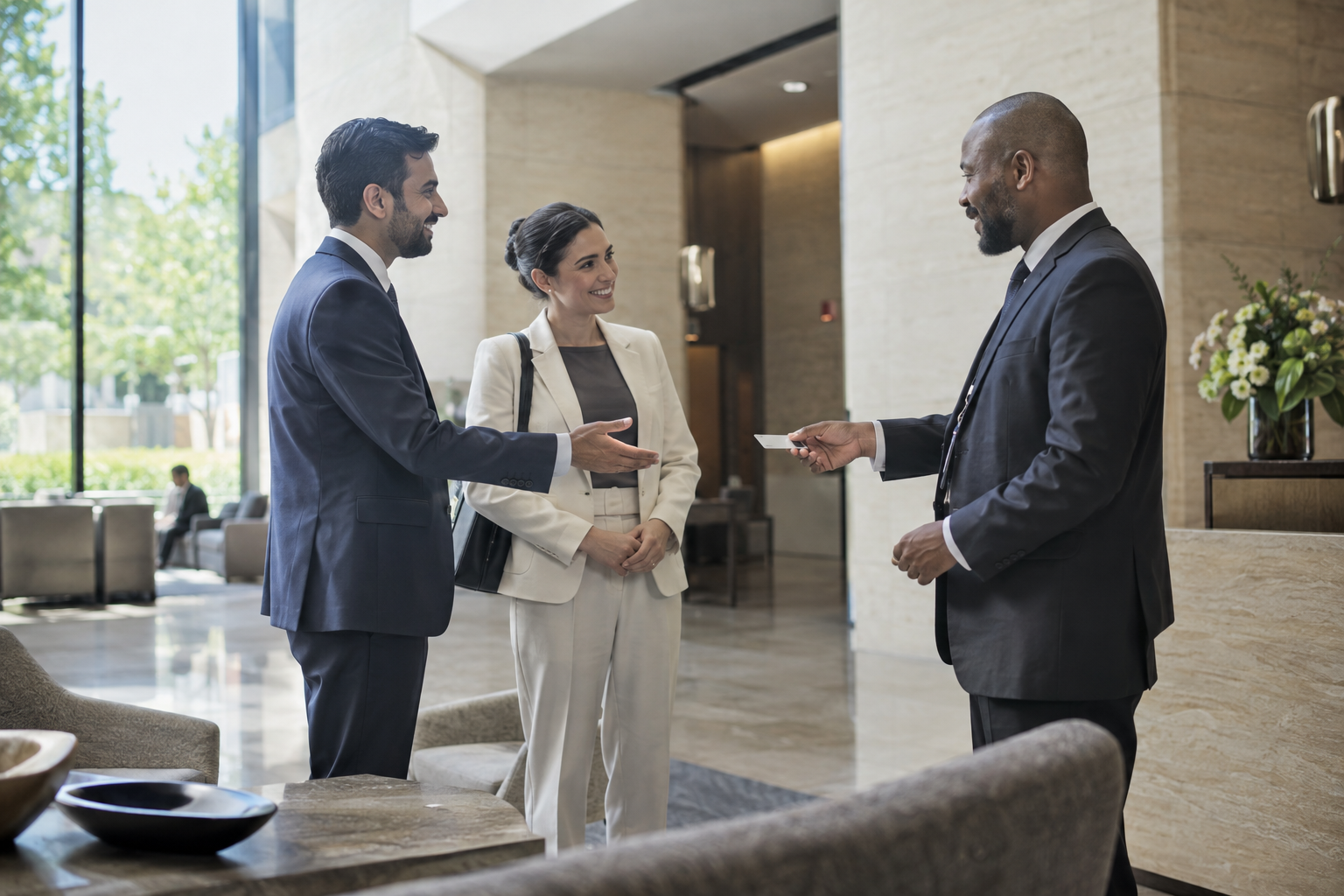 In a contemporary corporate headquarters’ limestone reception area, a South Asian department director introduces a newly appointed colleague to a Black faciliti