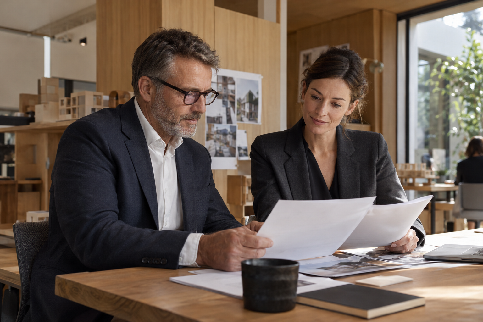 In a small architecture studio’s oak-lined meeting nook, the practice owner and a payroll adviser calmly review employee timesheets together, pages angled away 