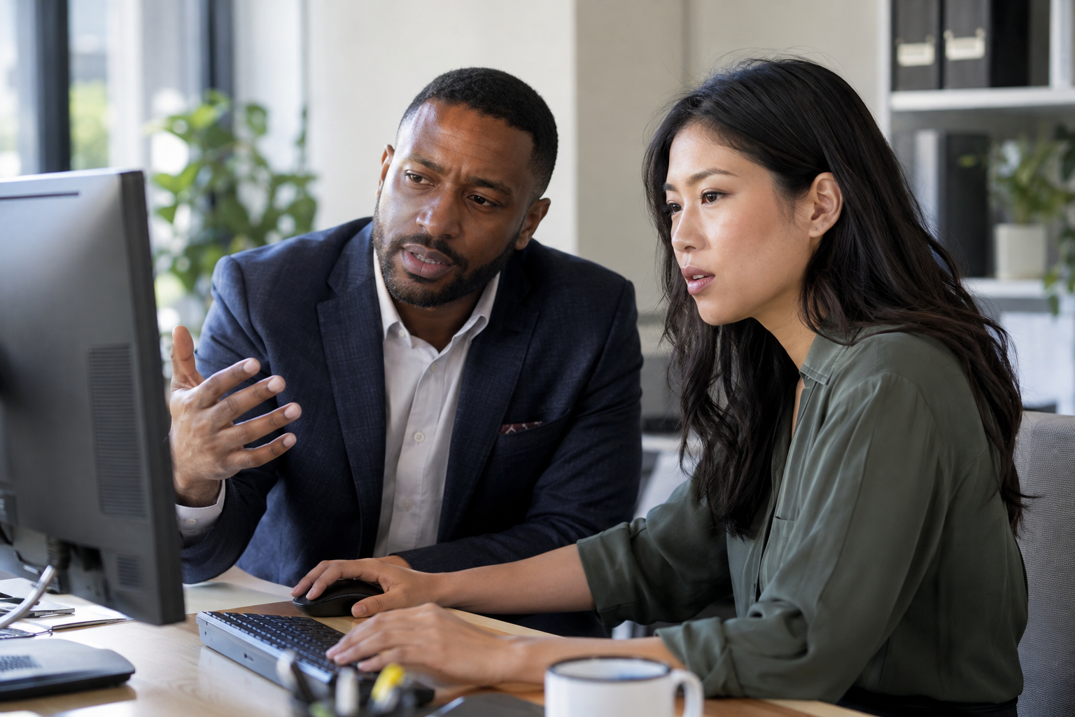 An operations director and analyst discuss human oversight and autonomous digital work at a computer.