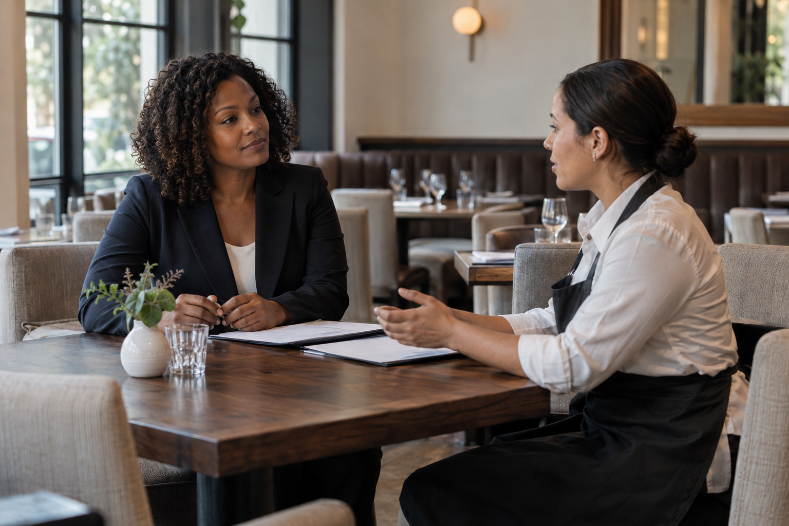 In a small restaurant’s quiet dining room before opening, a Black female owner in a tailored jacket listens attentively to a server in a crisp apron during a pr
