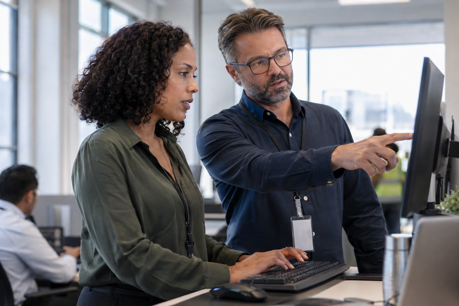 An operations manager and a colleague review an ERP exception together at a standing computer workstation.