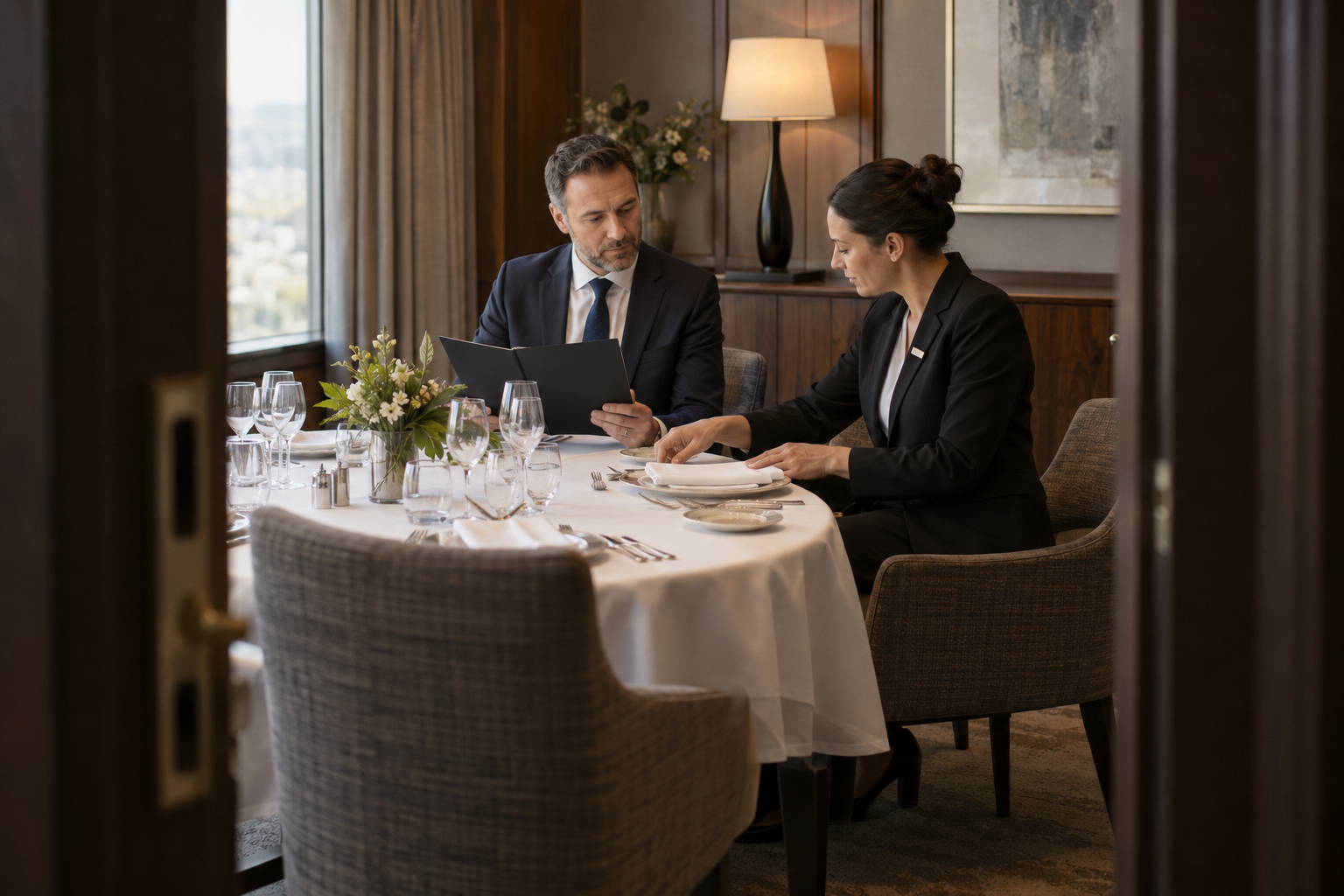 In a contemporary hotel’s quiet private dining room, a finance director and catering manager review a proposed event setup before authorizing expenditure, one i