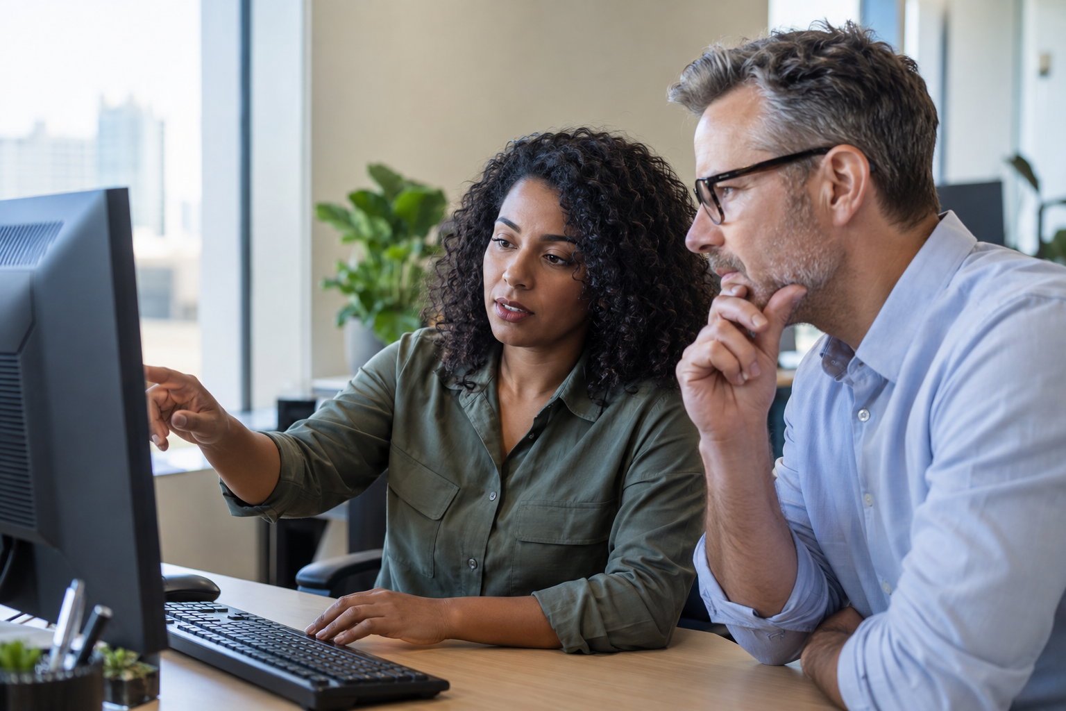 A finance controller and accounts payable specialist review a flagged ERP payment exception together at a desktop computer.