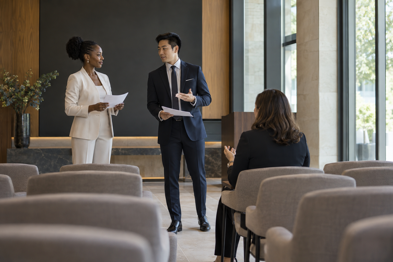 Inside a company’s newly prepared staff briefing room, a Black female executive and an Asian male communications lead quietly rehearse opening remarks beside ne