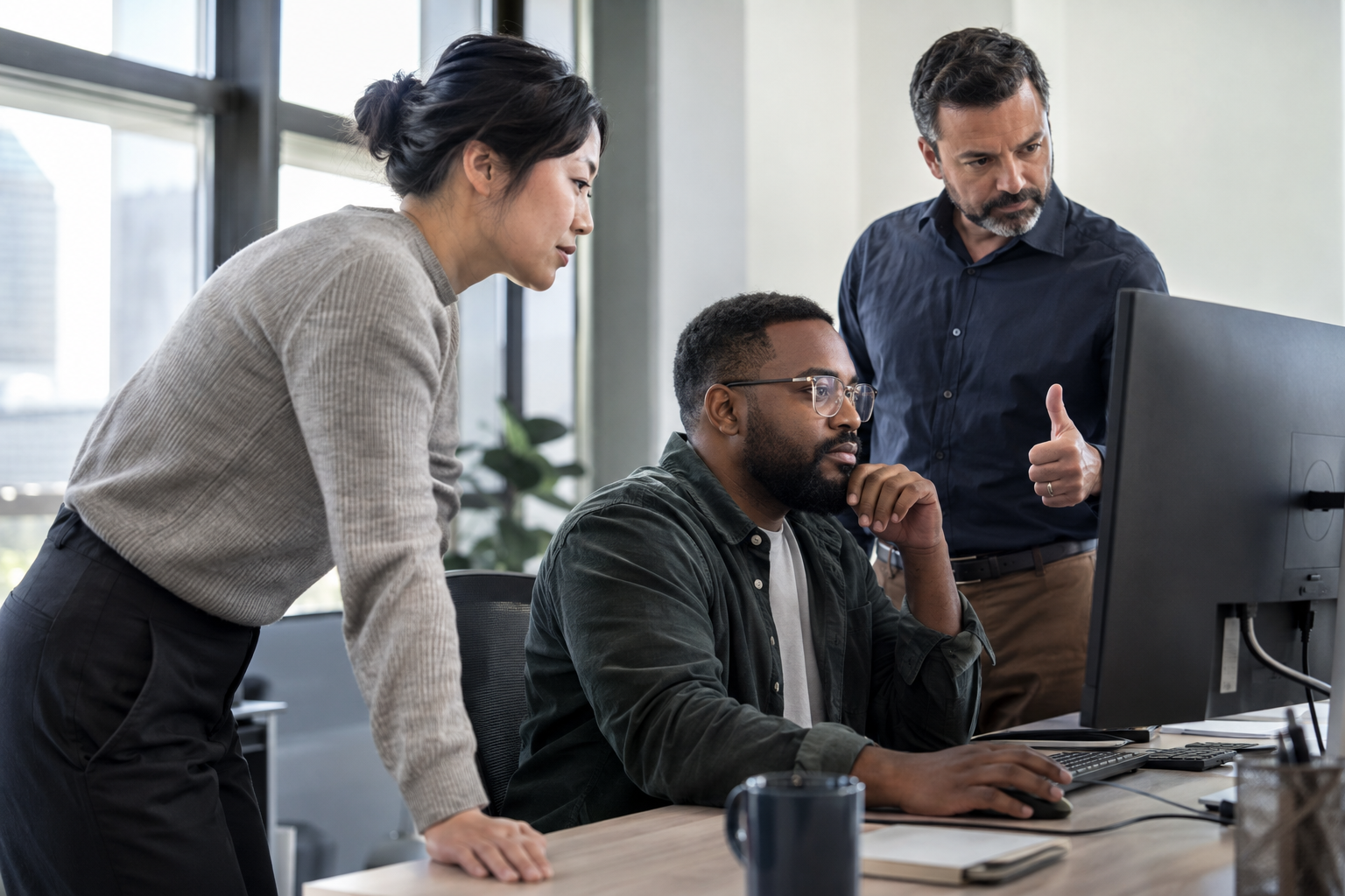 Three operations colleagues review a failed digital workflow at a desktop and coordinate an authorized recovery.
