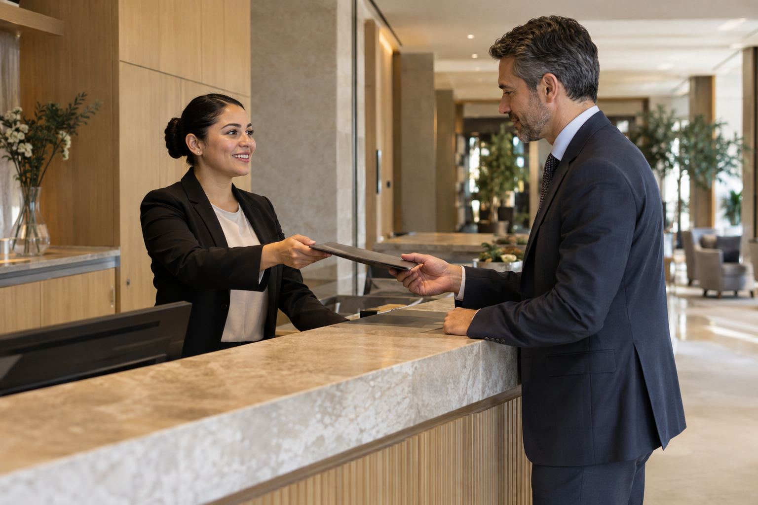 At a contemporary hotel's quiet administrative counter, a Latina department manager hands a slim, unmarked document folder to a male finance colleague for revie