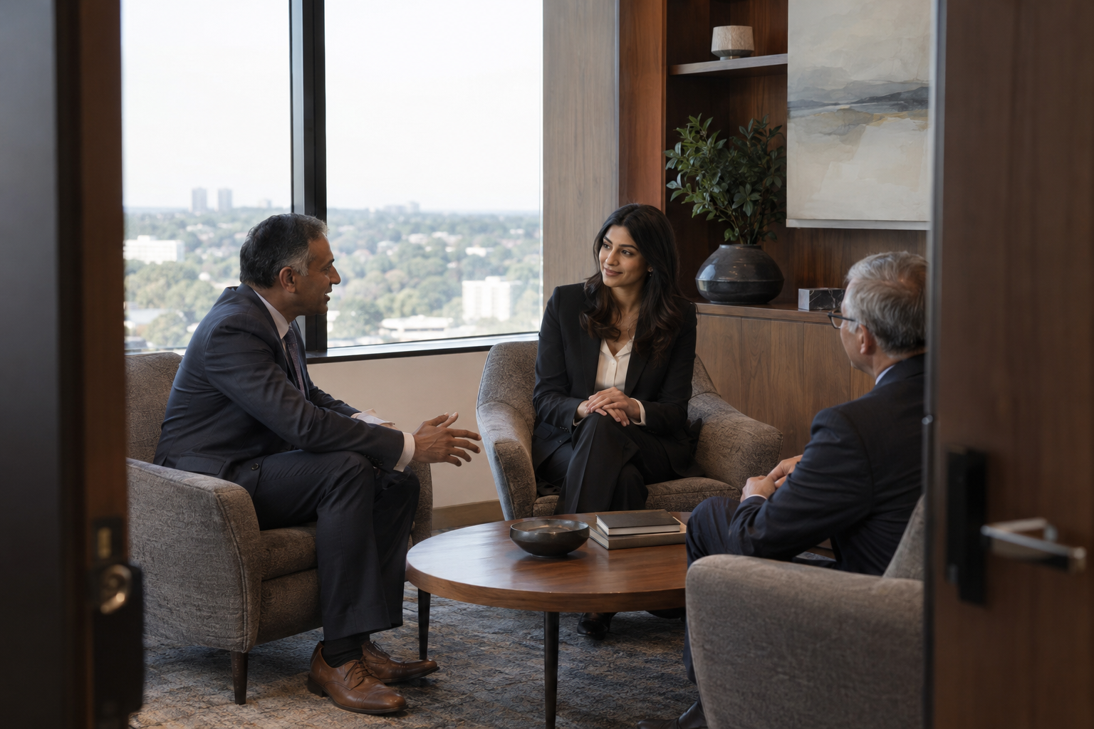 In a contemporary engineering firm’s quiet corner office, a South Asian department head introduces a newly promoted female manager to an older colleague, their 