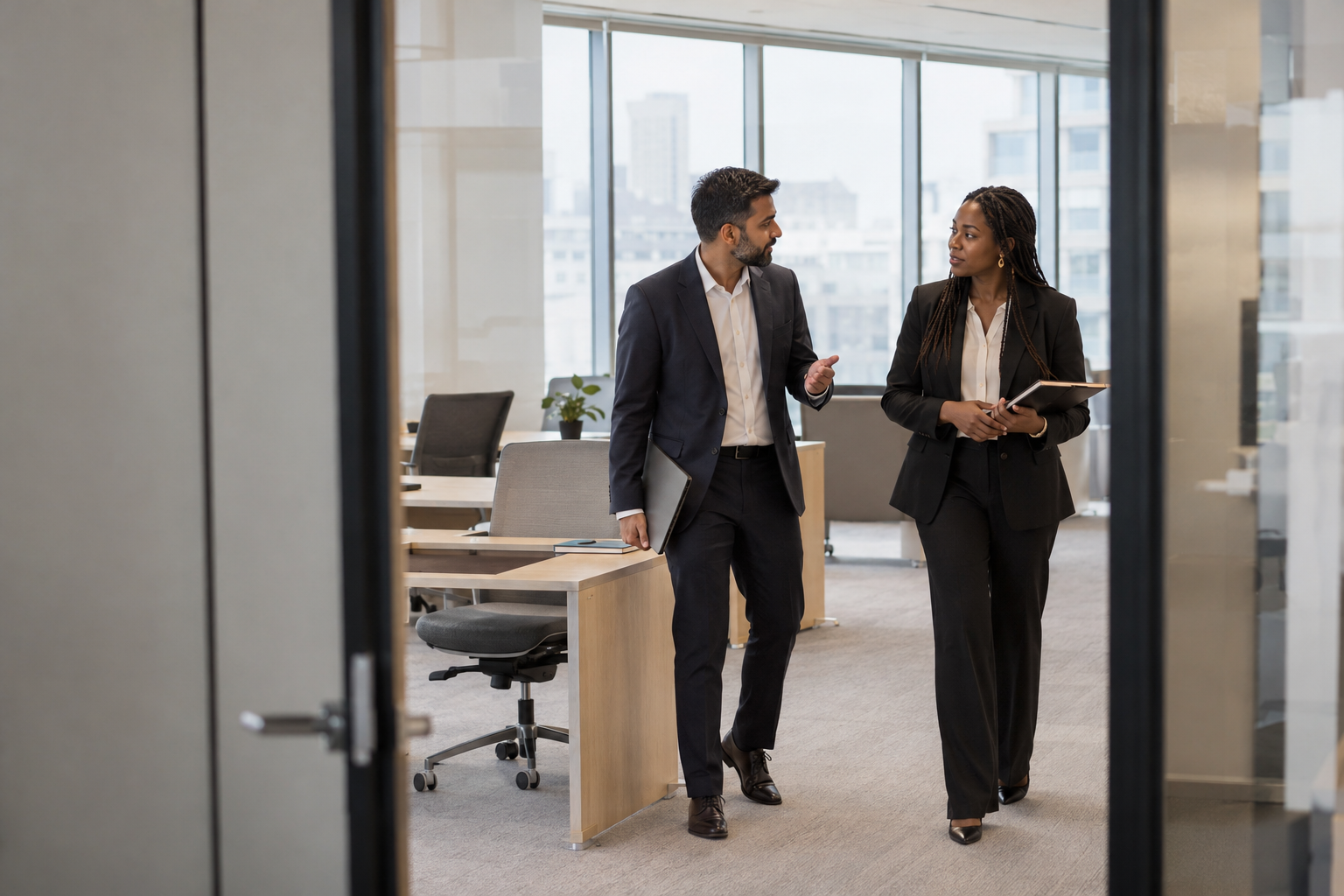 In a growing professional-services firm’s newly leased office suite, a South Asian finance director and a Black HR lead in tailored business attire discuss staf