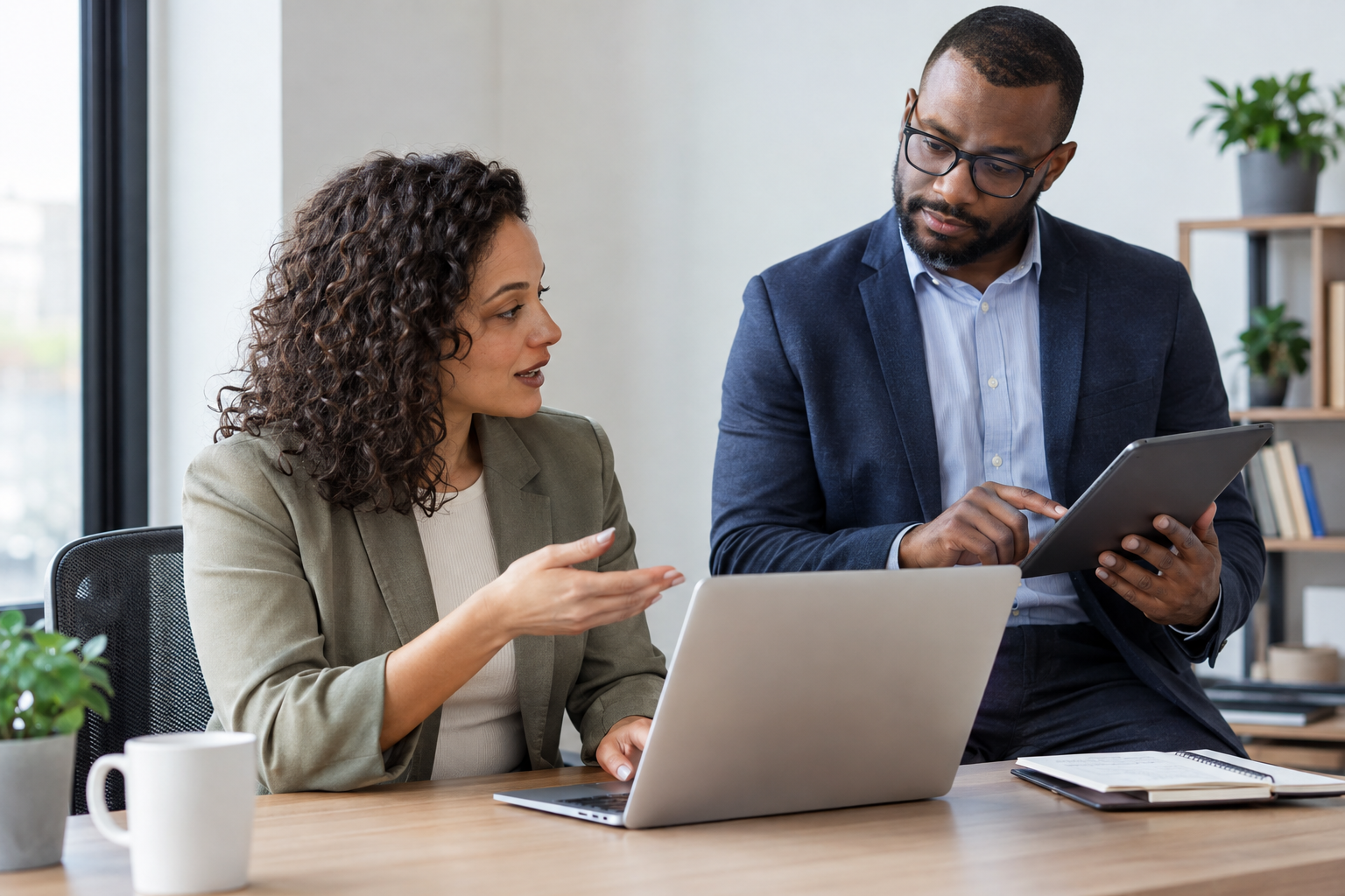 A recruiter and hiring manager use a laptop and tablet to coordinate a candidate’s next interview.