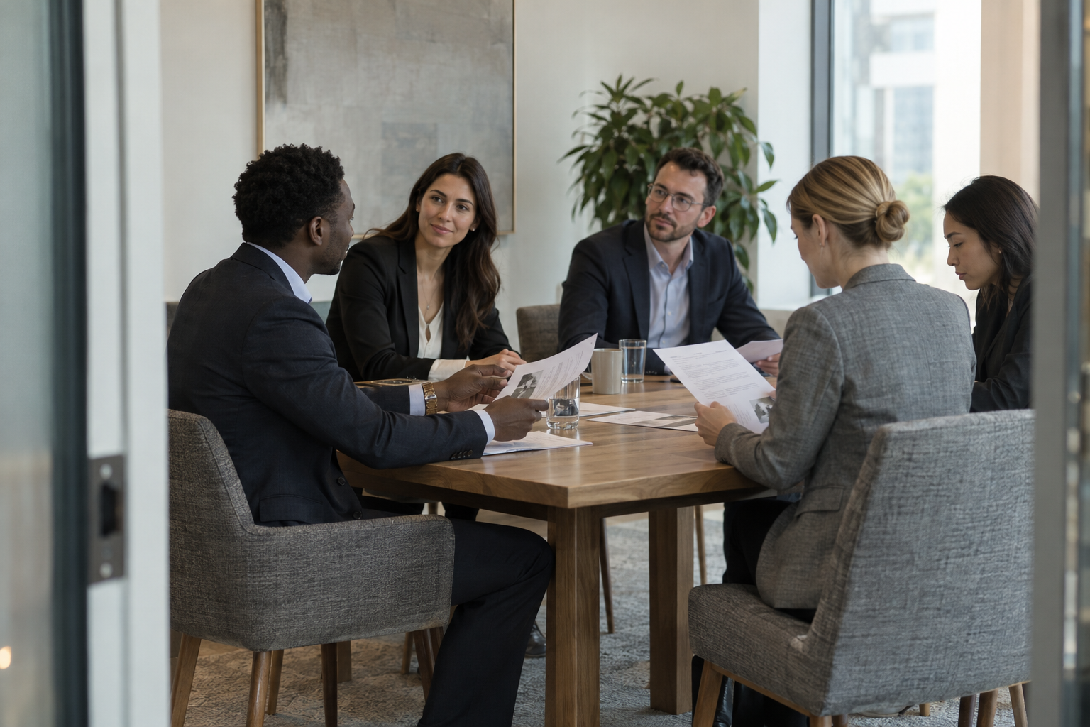 In a growing consultancy’s airy project room, a seated manager listens as one colleague summarizes progress, while three teammates review loose printouts with n