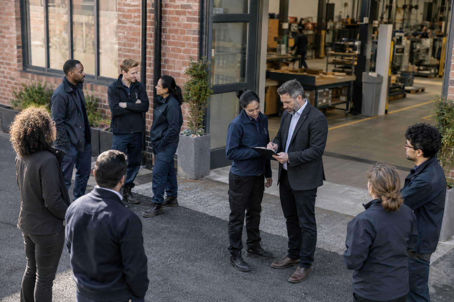 Outside a boutique manufacturing company’s contemporary brick premises, a diverse group of employees gathers calmly during an evacuation drill while a manager i