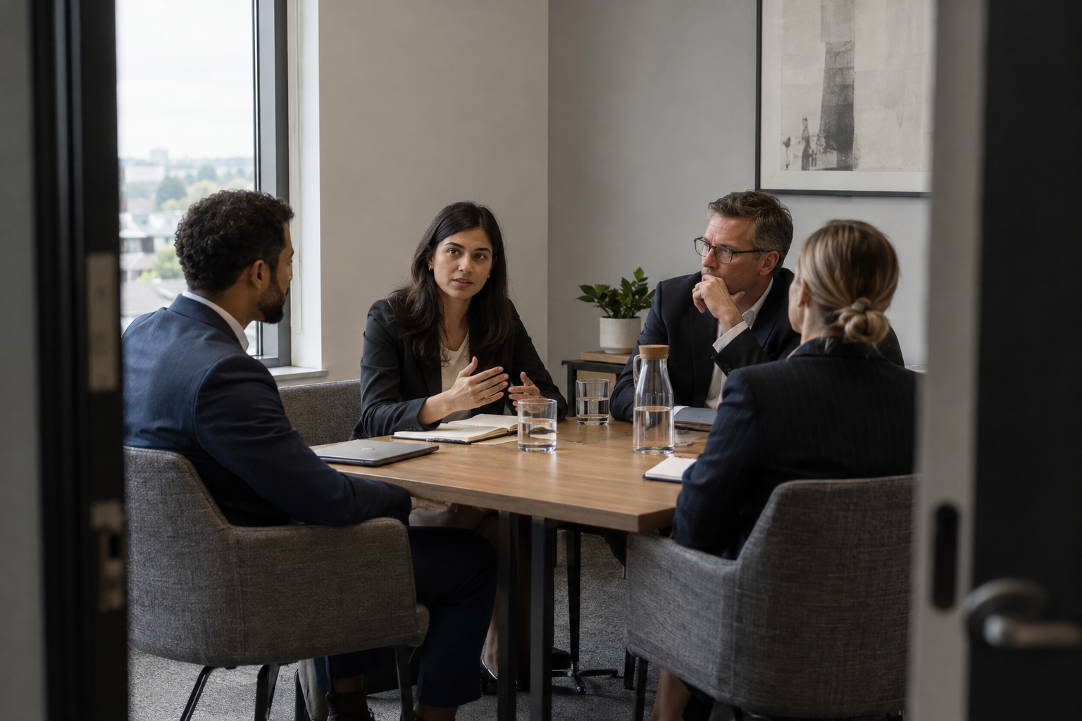 In a growing consultancy’s understated corner meeting room, four partners and team leads in contemporary tailored attire gather around a compact oak table, one 