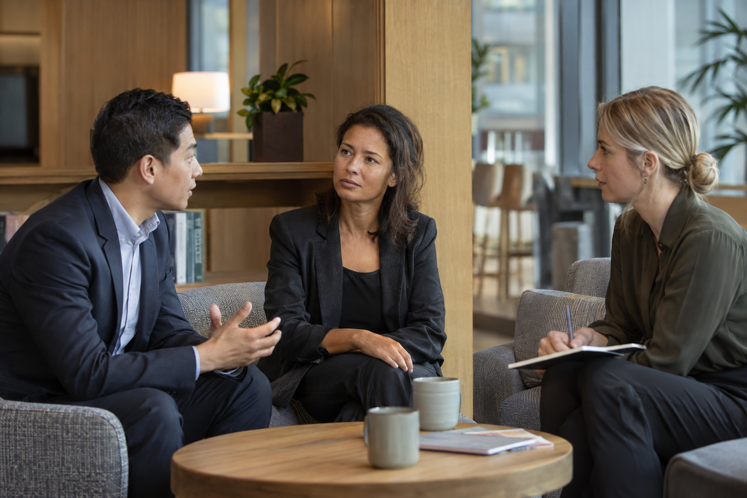 In a contemporary headquarters’ quiet staff lounge, a female department manager listens as two colleagues discuss revised responsibilities after a team briefing