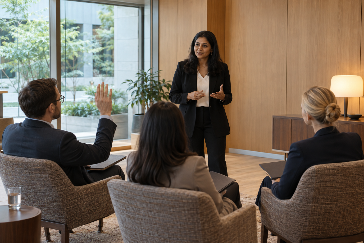 In a corporate headquarters’ oak-lined training studio, a South Asian HR lead rehearses an employee briefing with three colleagues seated in well-made wool chai