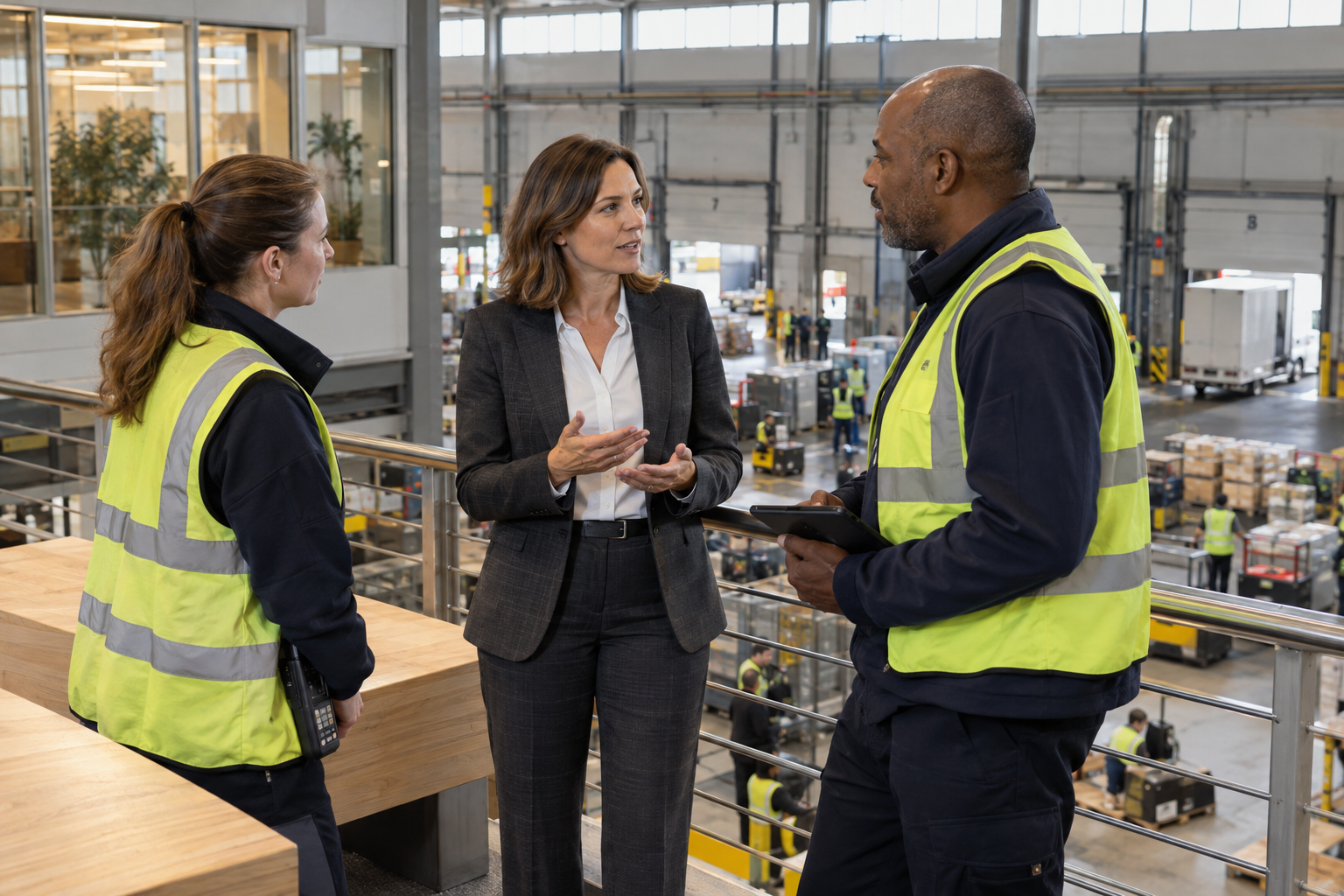 On a modern distribution company’s mezzanine overlooking an active dispatch floor, a female operations executive in a tailored charcoal suit and two shift super