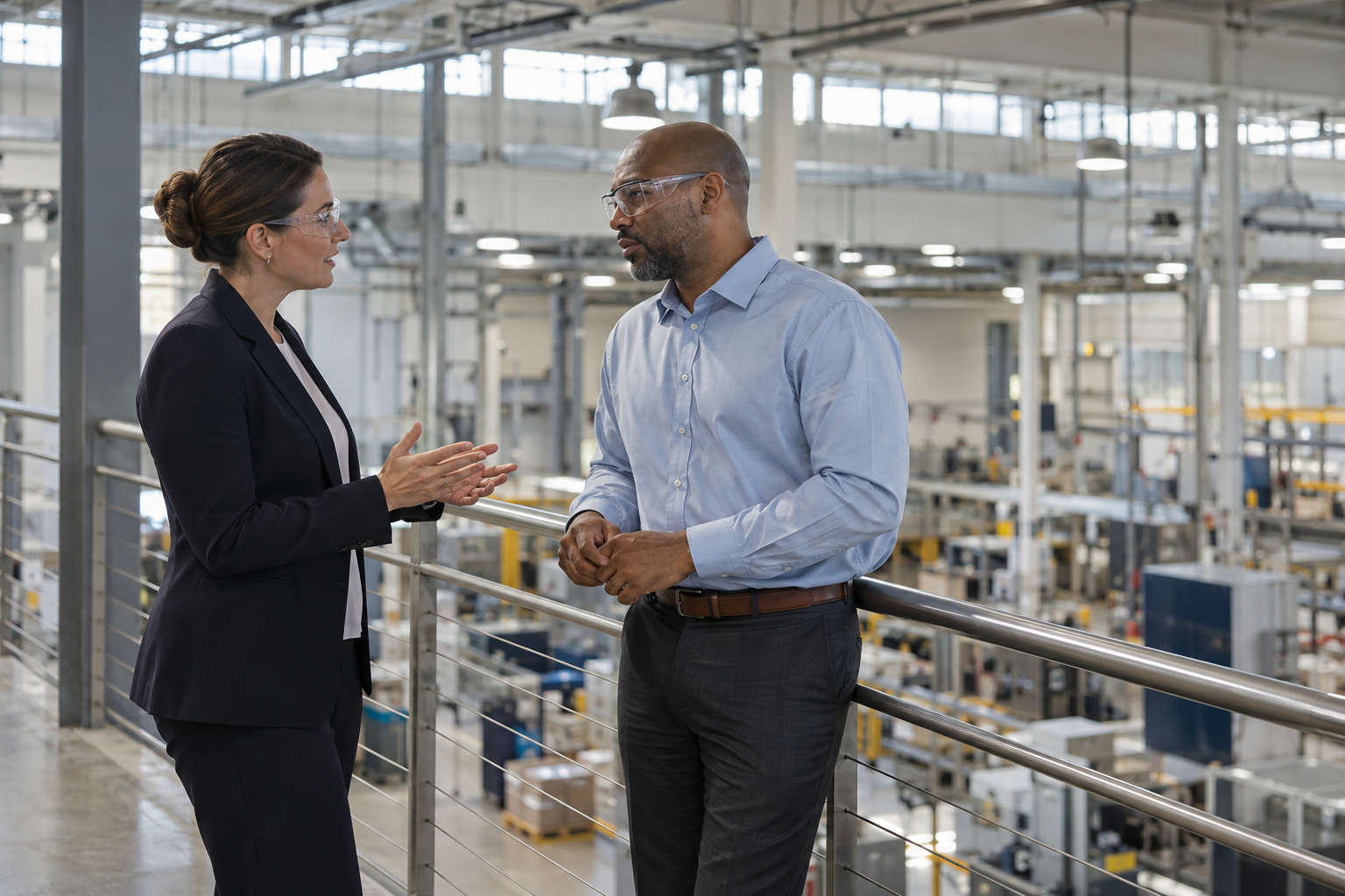 On a contemporary manufacturing facility’s quiet mezzanine, an HR director and a production manager discuss staffing needs while overlooking the working floor.
