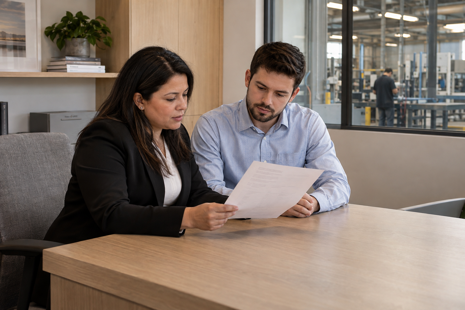 In a small manufacturing firm’s contemporary finance office, a Latina controller and a younger male accountant examine a single supplier invoice requiring appro