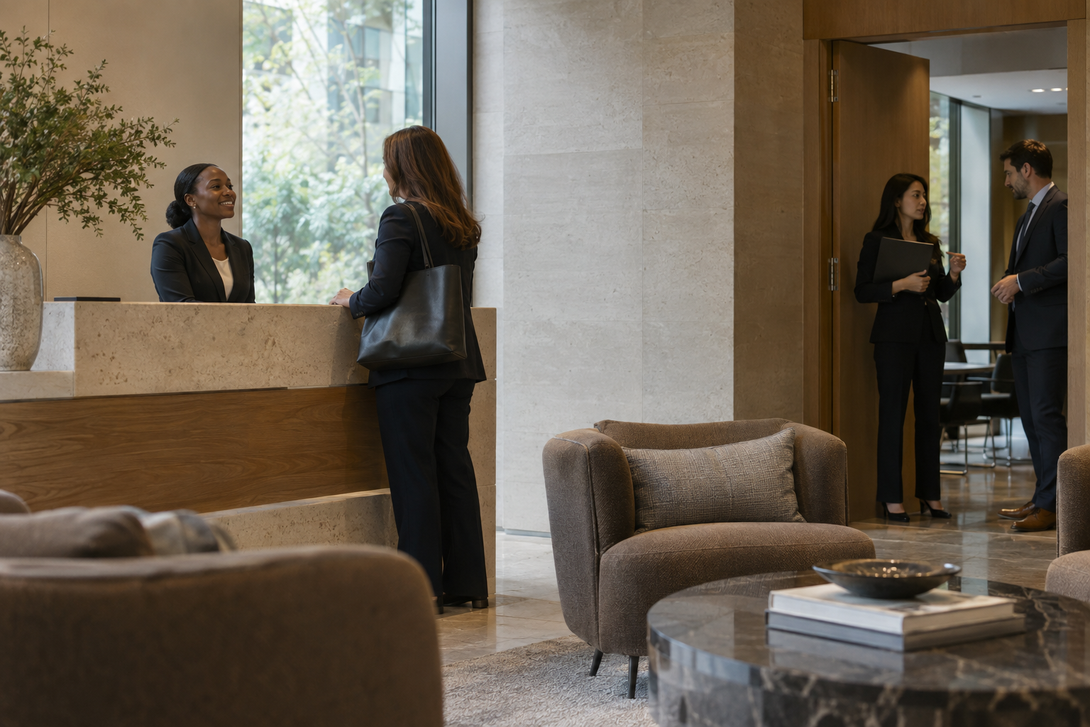 In a consulting firm’s limestone reception area, a Black female recruiter greets an arriving candidate while an East Asian recruiting coordinator quietly confir