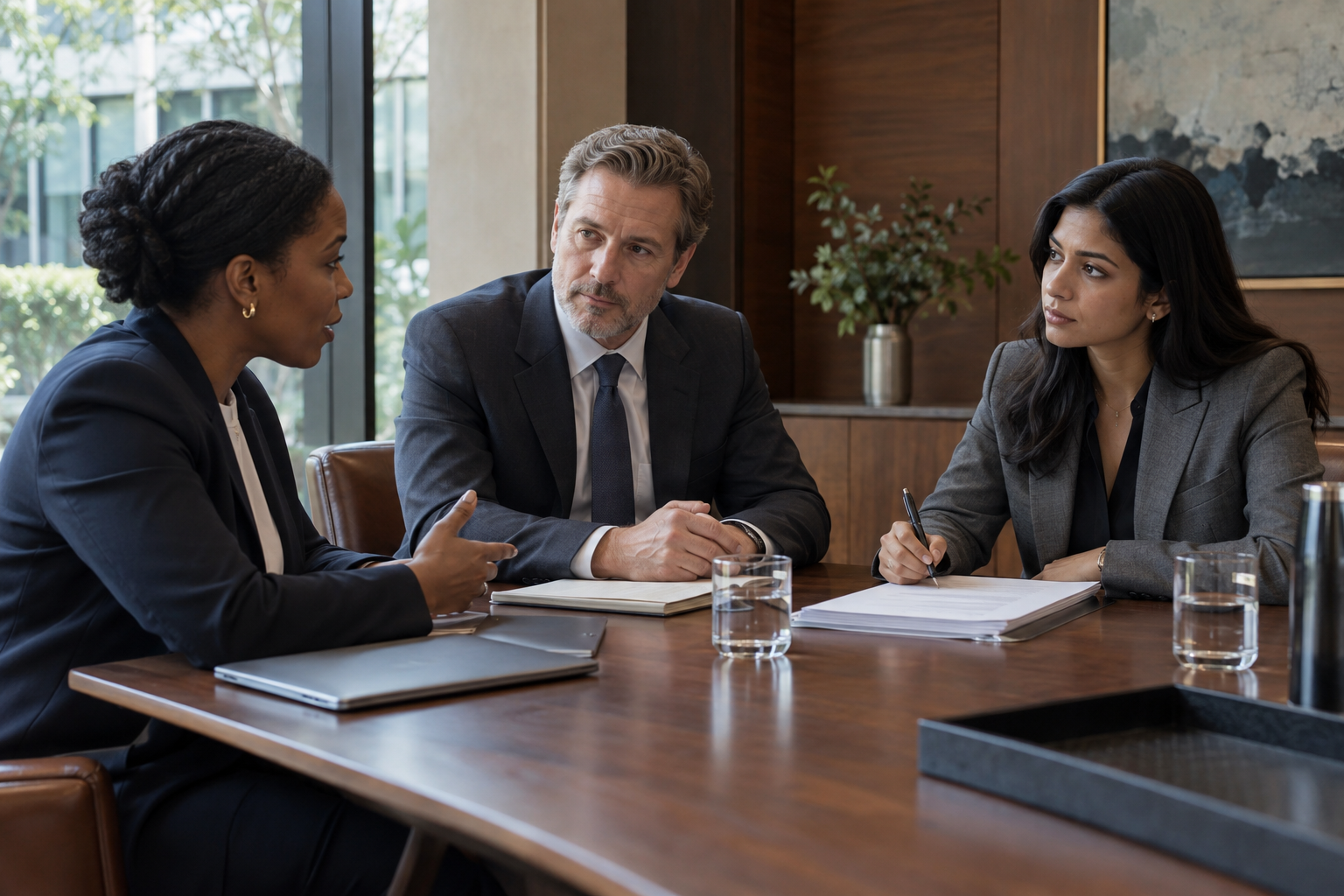 Inside a contemporary bank’s private meeting room, a Black female risk officer and a white male operations lead review a proposed process change with a younger 