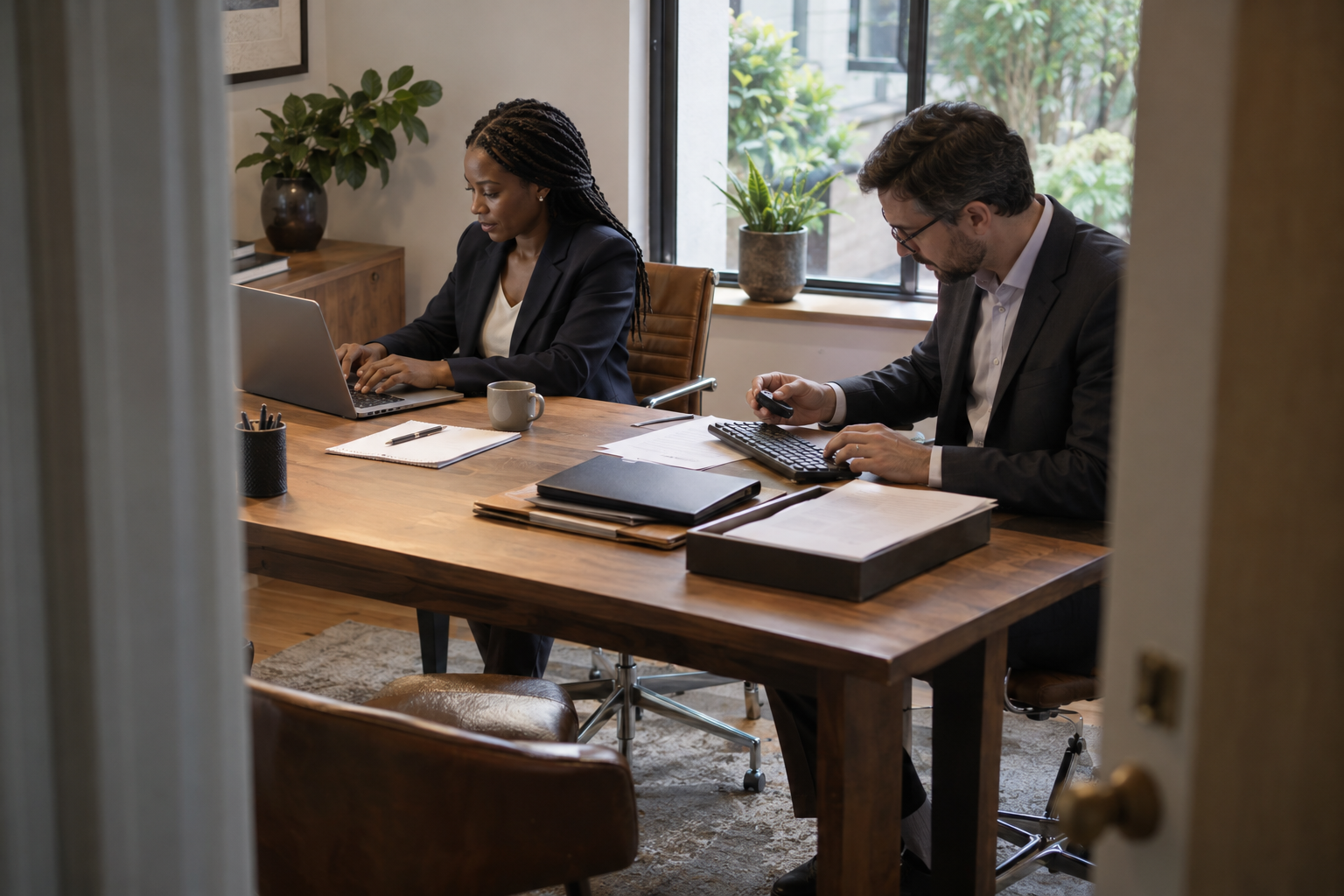 In a small consultancy’s oak-floored back office, a Black operations lead reviews an offboarding checklist on a laptop, its screen oblique and softly blurred. B
