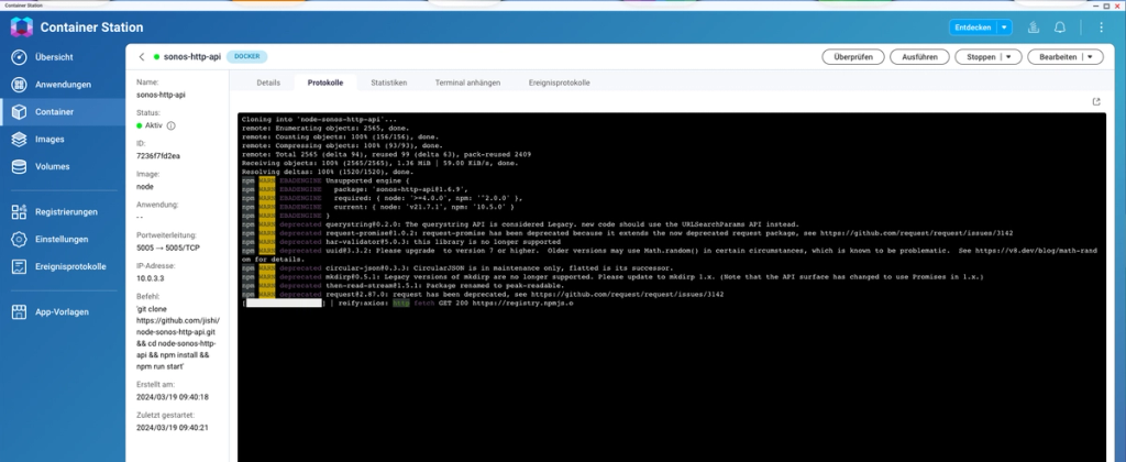 Screenshot showing configuration of container station in QNAP NAS