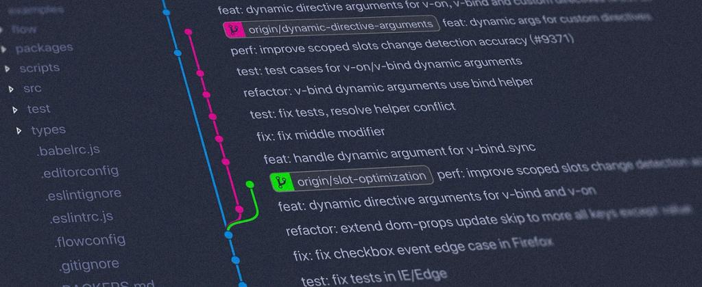 Computer screen showing branches in git.