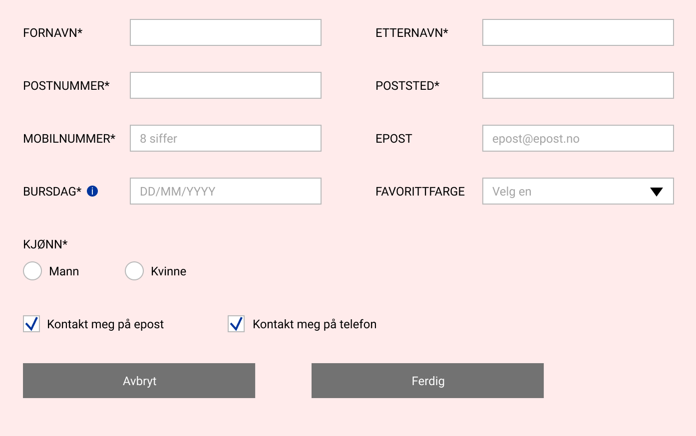 Eksempel på skjema med to kolonner