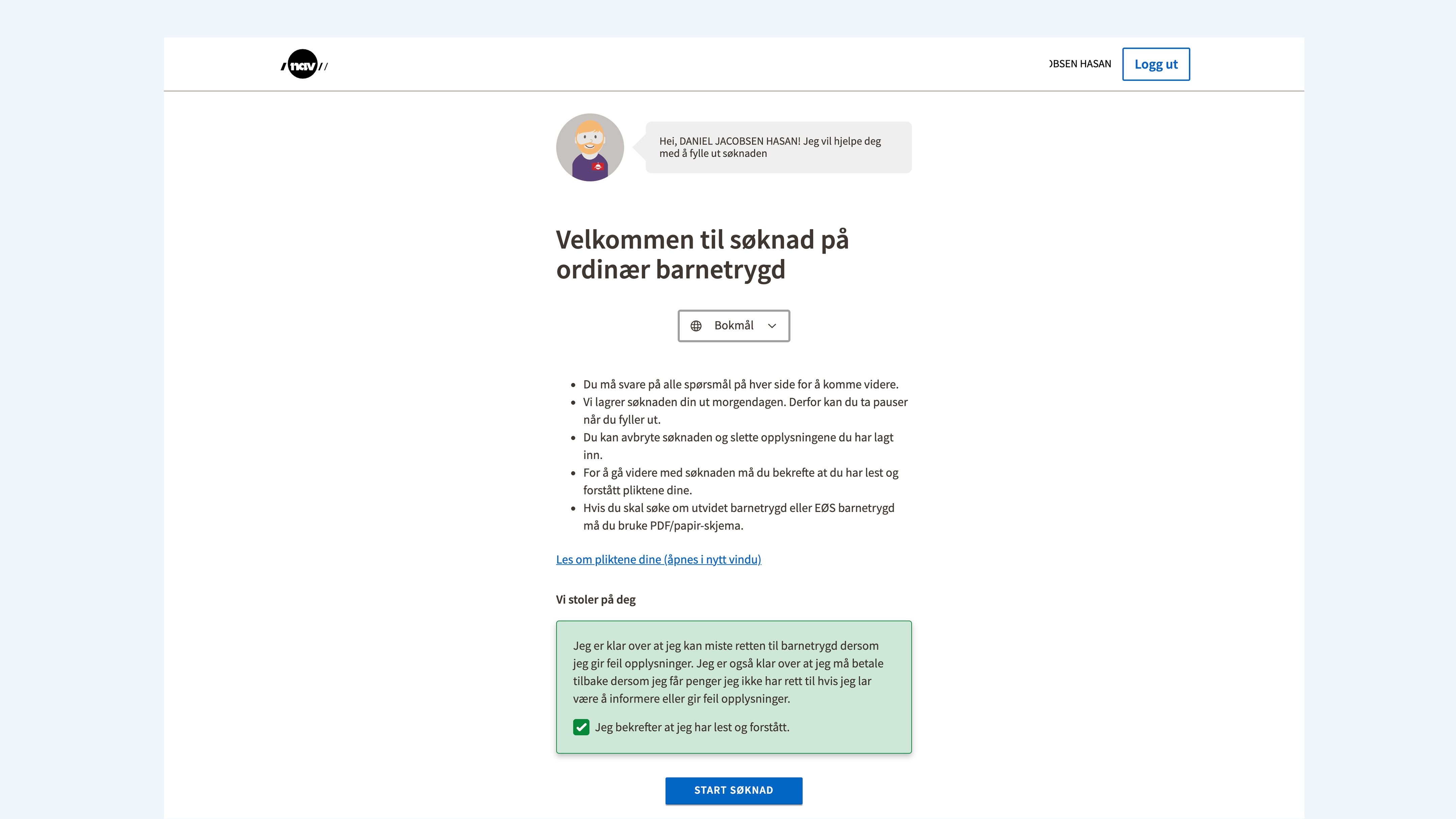 skjermbilde fra nav sin søknadsflyt for barnetrygd