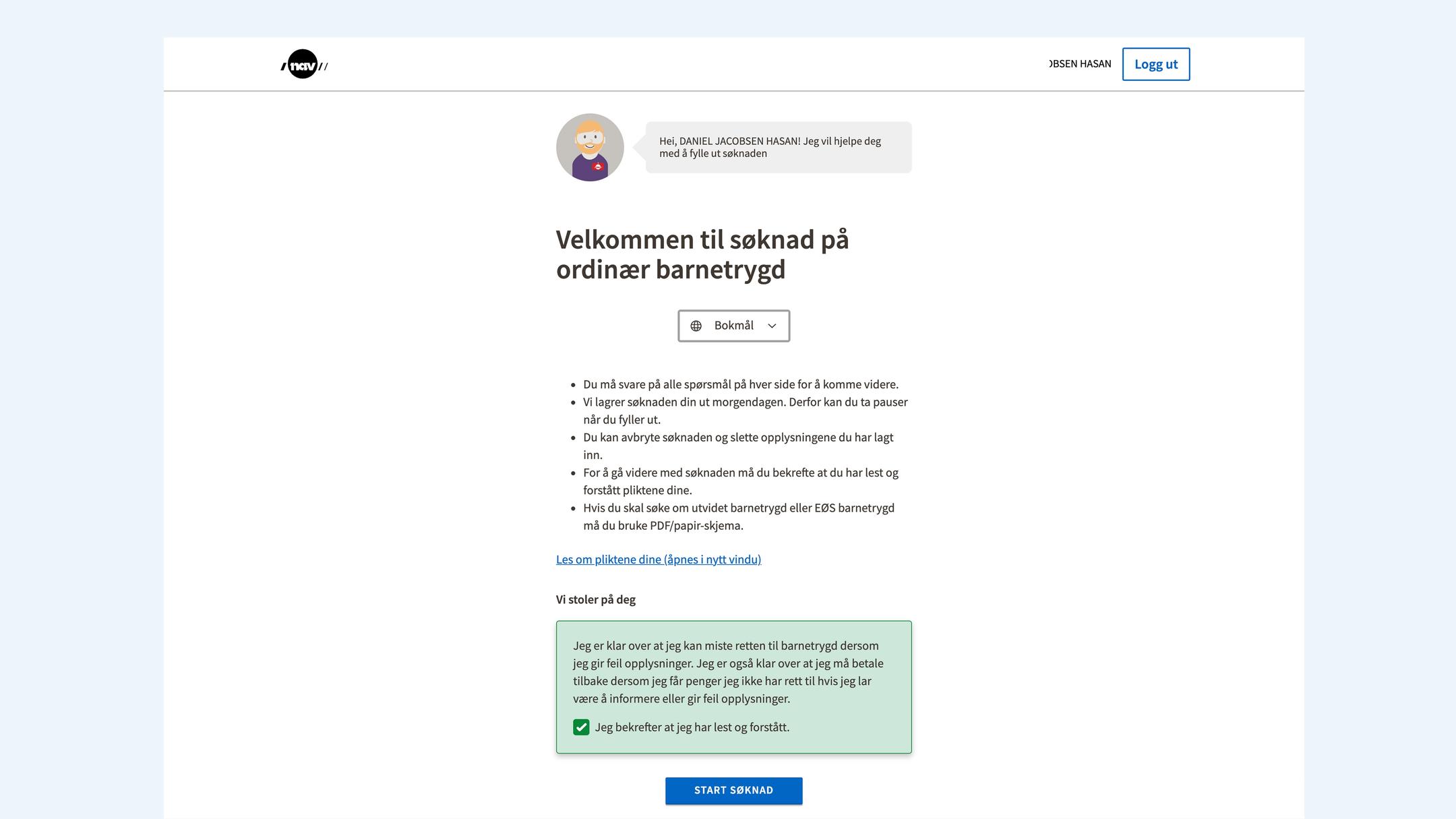 skjermbilde fra nav sin søknadsflyt for barnetrygd