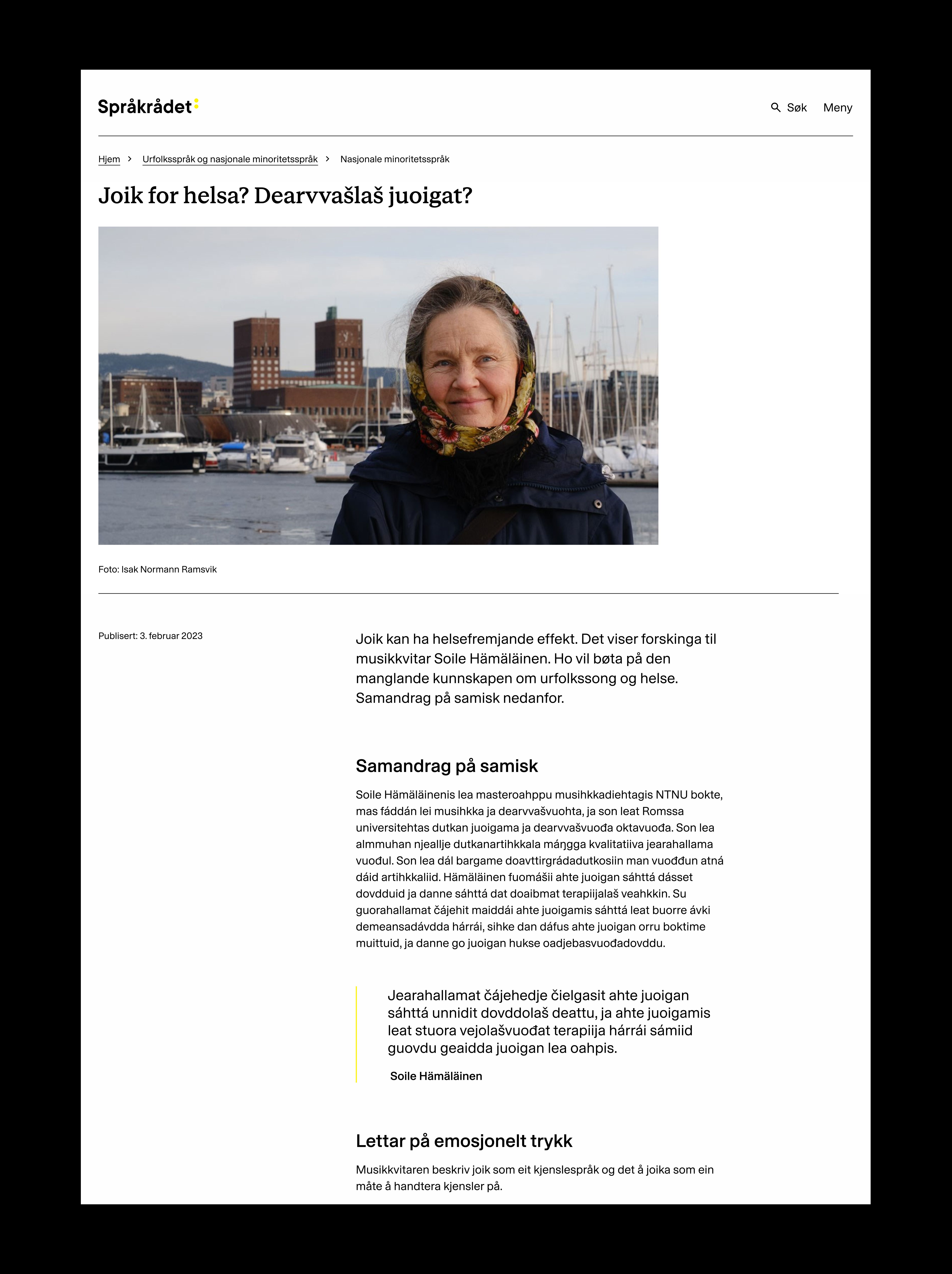 bilde av nettsiden til Språkrådet, artikkel layout. overskrift for artikkelen er joik for helsa? bilde under overskriften viser en eldre dame med skaut med vind i håret. rådhuset er med i bakgrunn