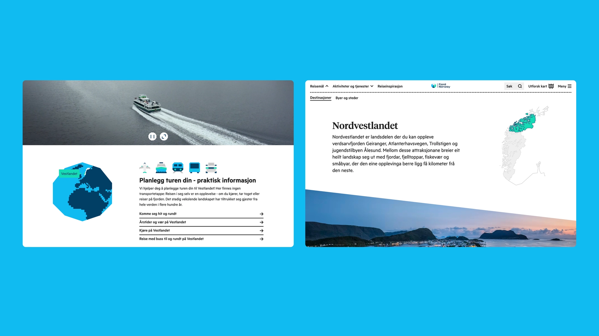 En kollasj av nettsidene hos fjord norway