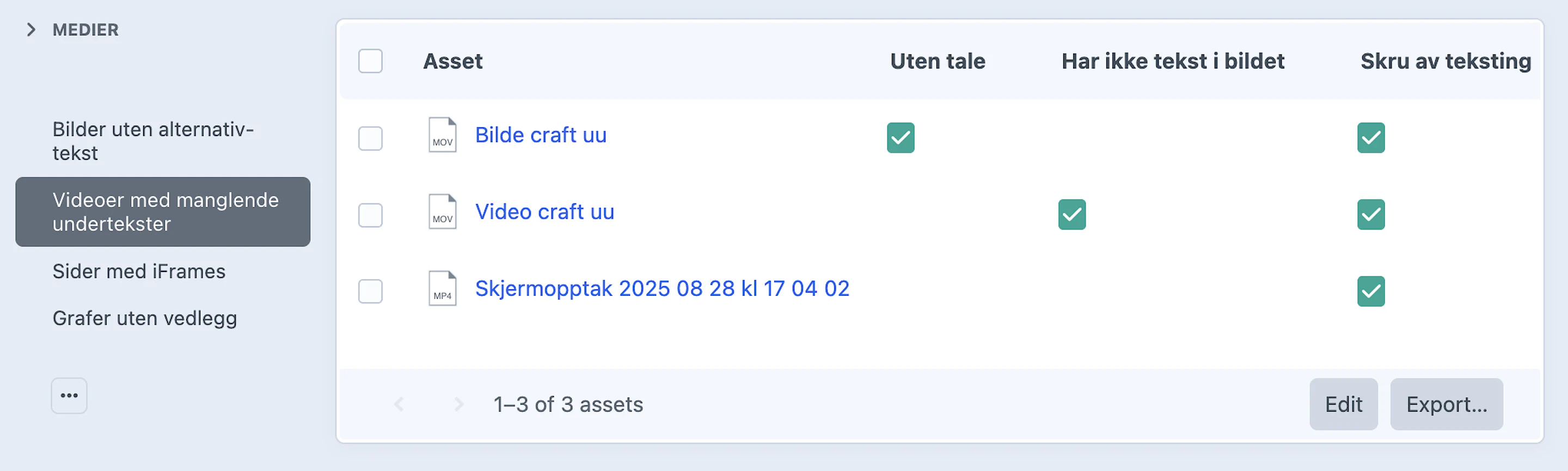 En utlisting i et forfatterverktøy over videoer som mangler undertekster med egenskaper for om videoene har tale eller tekst i bildet.