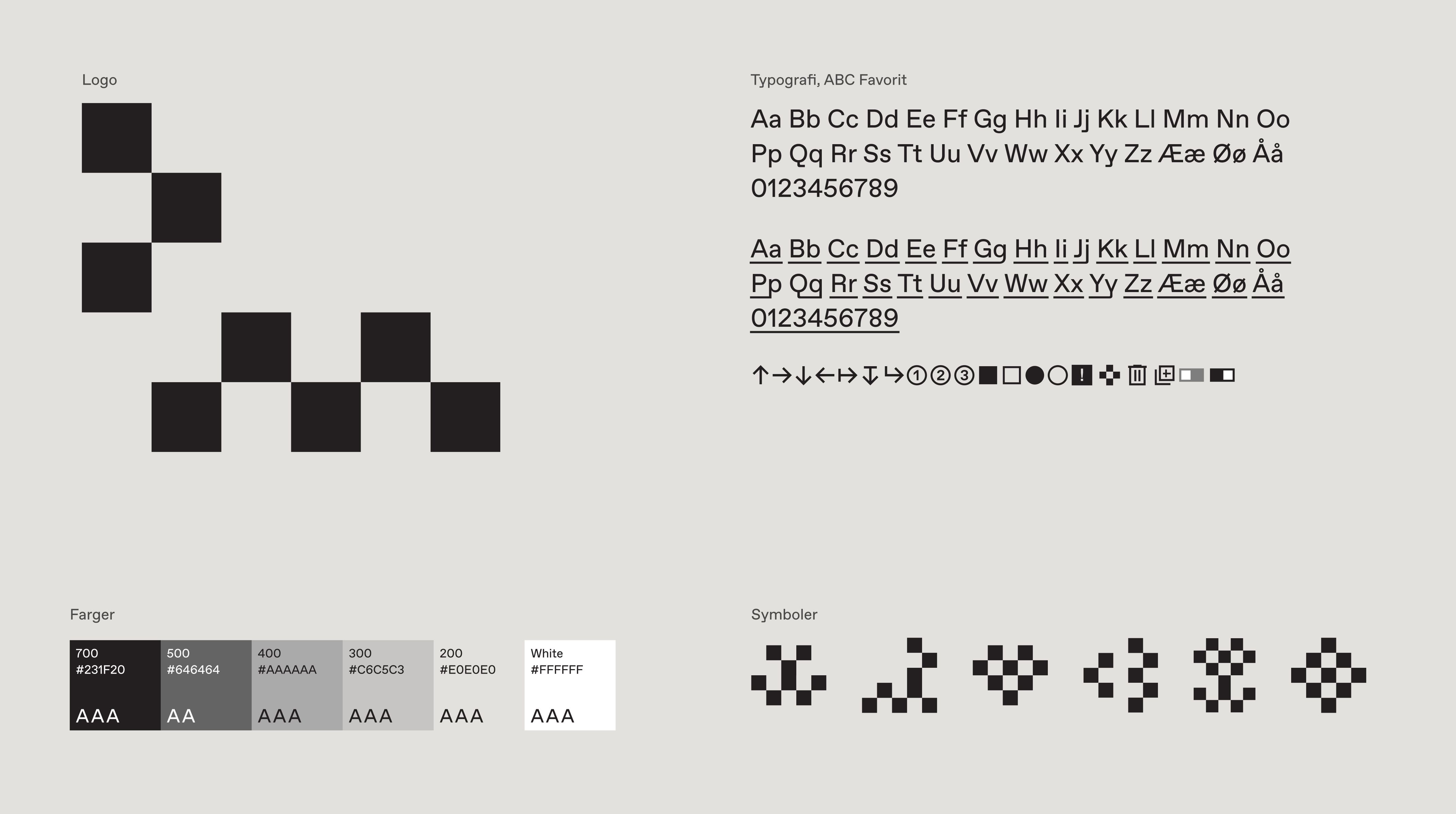 skjermbilde av designmaskinen sin visuelle profil. fargene går fra sort, til ulike nyanser av grå og ender på hvit. typografi er ABC Favorit er en enkel, lavkontrast-grotesk variant som kombinerer geometrisk rigiditet med subtile særegenheter og et humoristisk preg. logo og symboler er en kvadratisk firkant som brukes som byggeklosser.