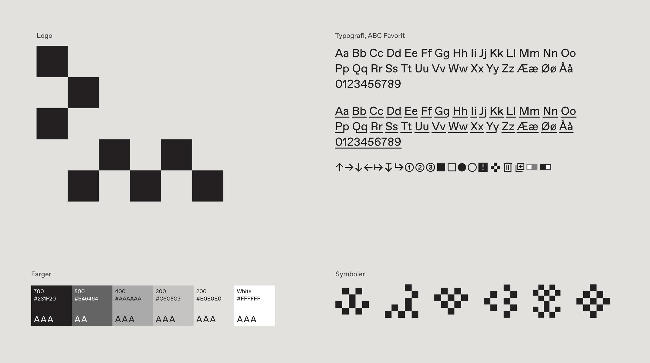 skjermbilde av designmaskinen sin visuelle profil. fargene går fra sort, til ulike nyanser av grå og ender på hvit. typografi er ABC Favorit er en enkel, lavkontrast-grotesk variant som kombinerer geometrisk rigiditet med subtile særegenheter og et humoristisk preg. logo og symboler er en kvadratisk firkant som brukes som byggeklosser.