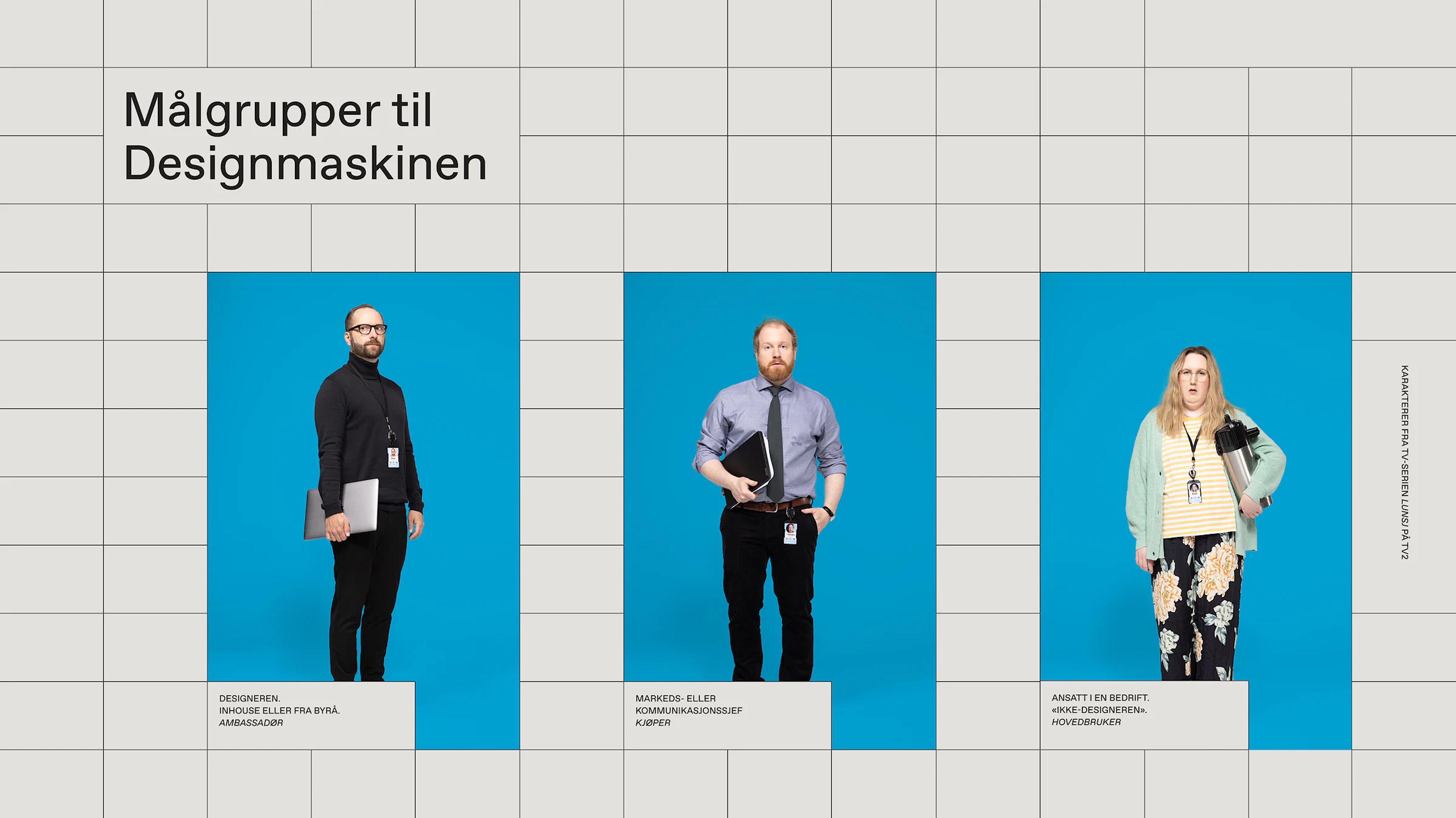 bilde som viser tre ulike mennesker oppstilt med en sterk blå bakgrunn. de skal illustrere målgruppen til designmaskinen. designeren, markeds- eller kommunikasjonssjef og ansatt i en bedrift (ikke-designeren)