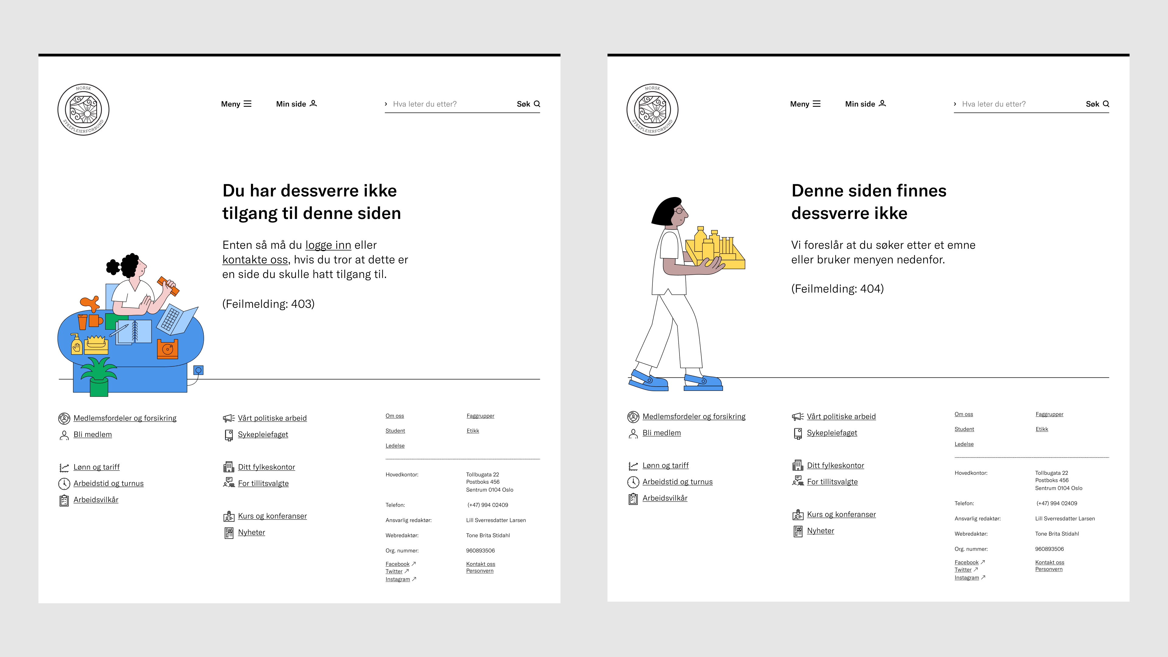 skjermbilde av nettsiden til nsf. design av en 404 side som gir bruker en hjelpende beskjed med en fargerik illustrasjon ved sidna
