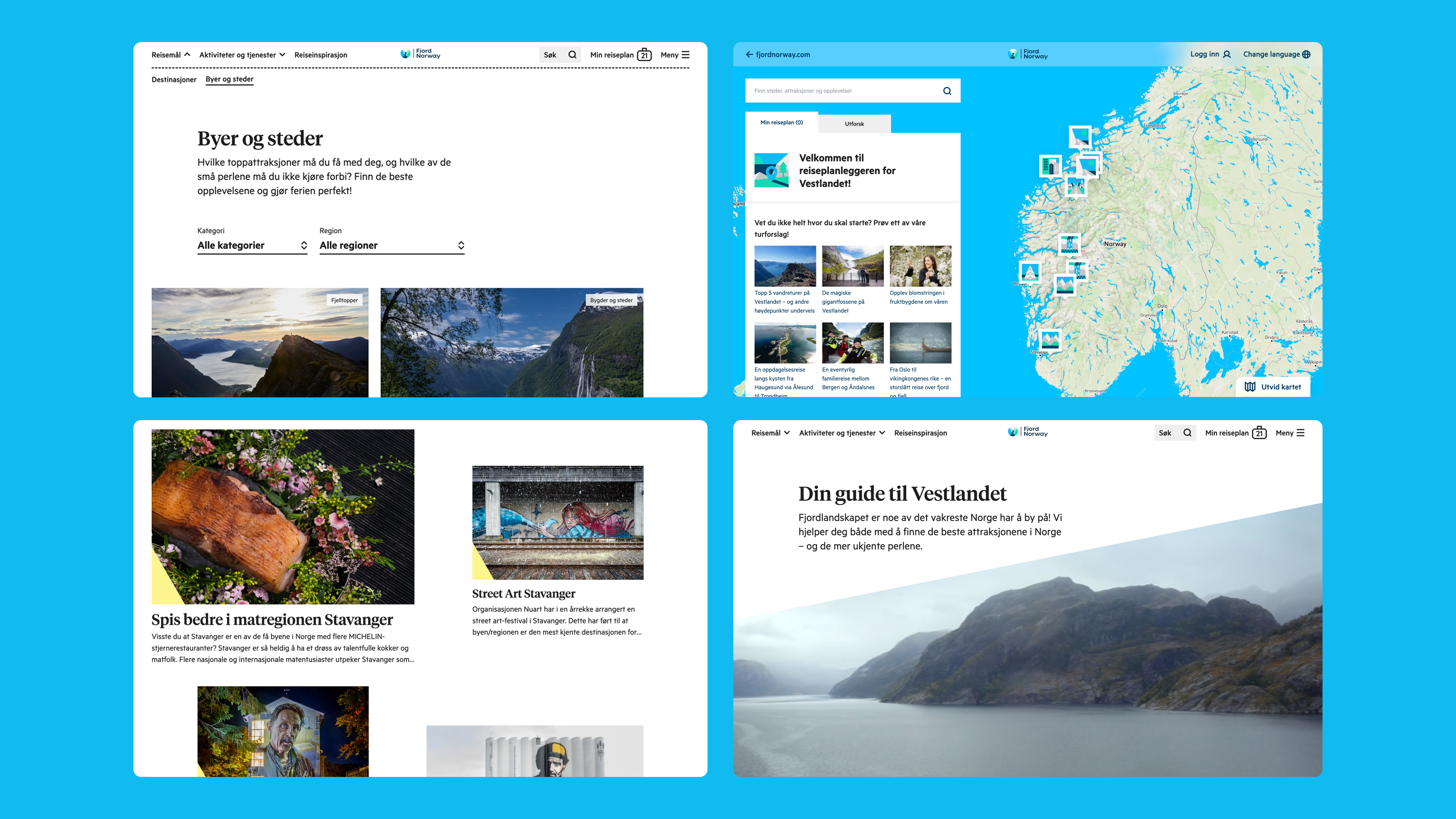 Skjermbilder av nettsiden til Fjord Norway
