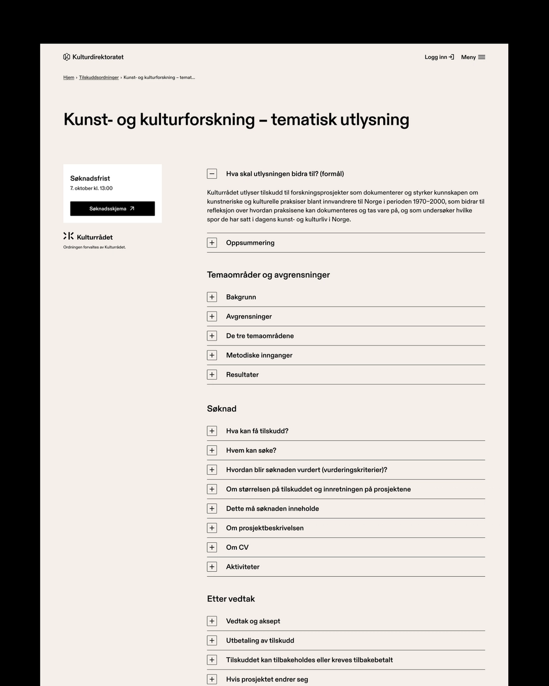 Utsnitt av nettsiden - tilskudd
