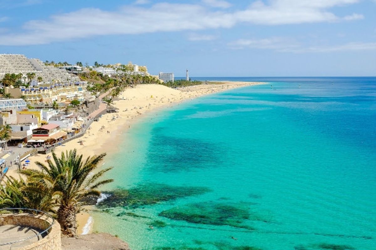 The Caribbean-like shores of the Blue Flag Playa del Matorral beach in Fueteventura Spain.