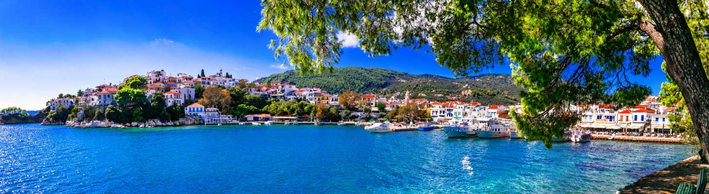 Panoramic view of the coastline of Skiathos Island, Greece
