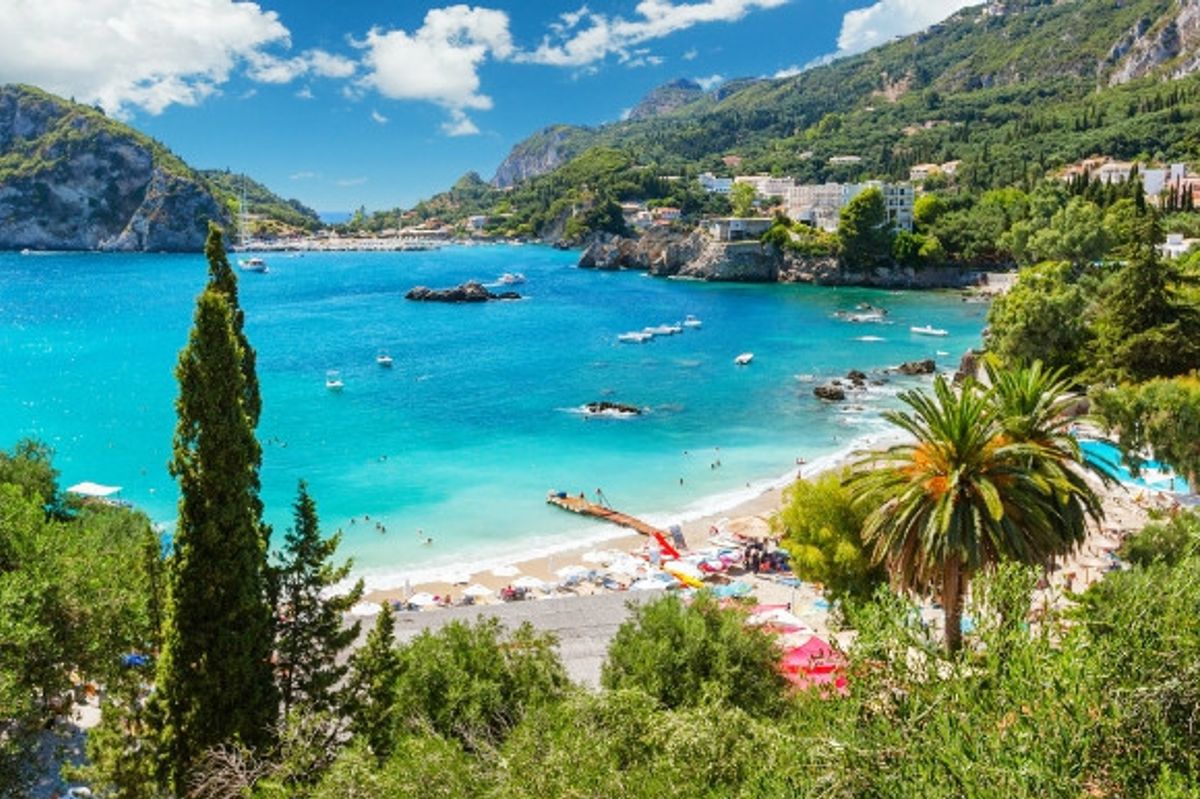Palm tree-lined coast of Corfu in Greece
